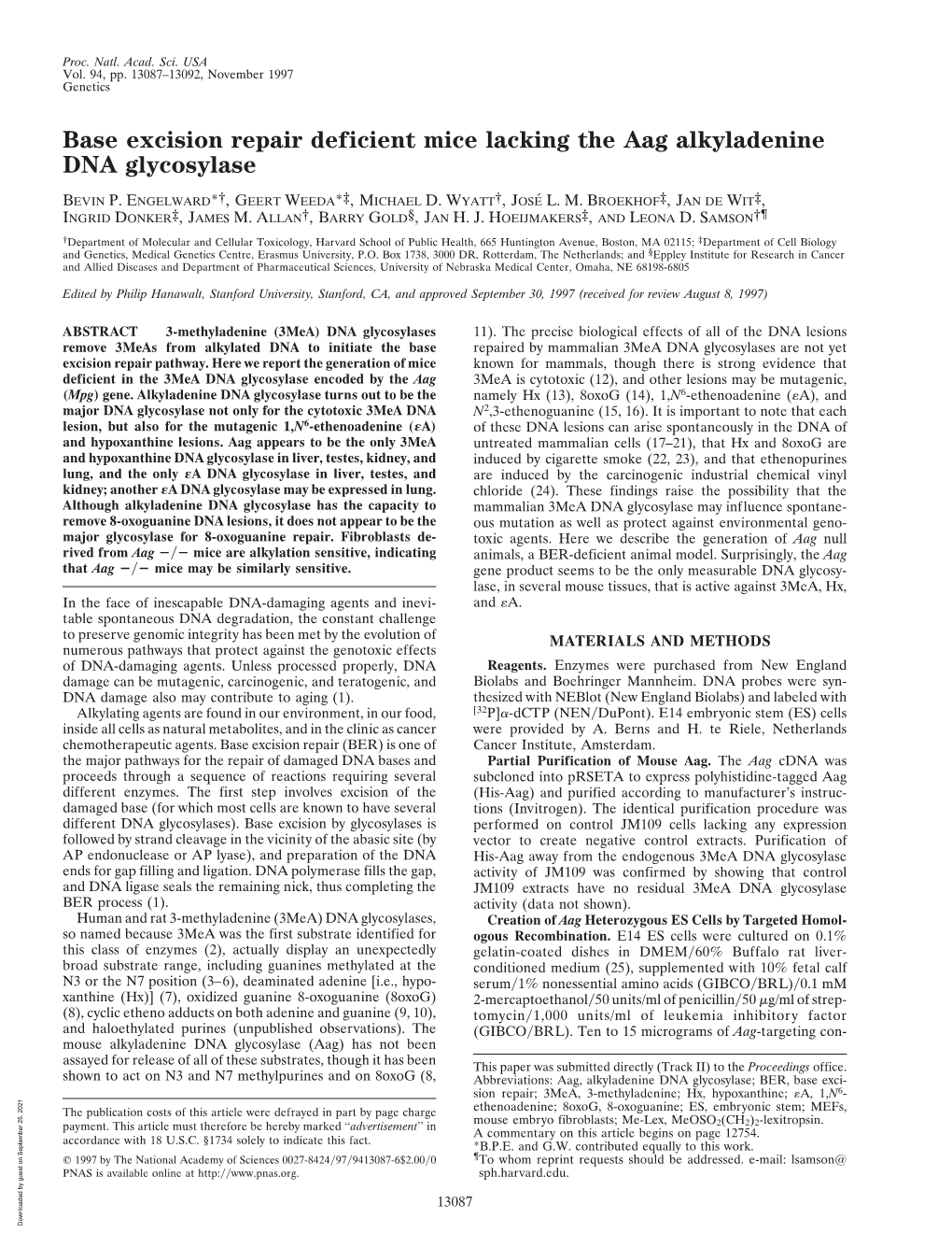 Base Excision Repair Deficient Mice Lacking the Aag Alkyladenine DNA Glycosylase