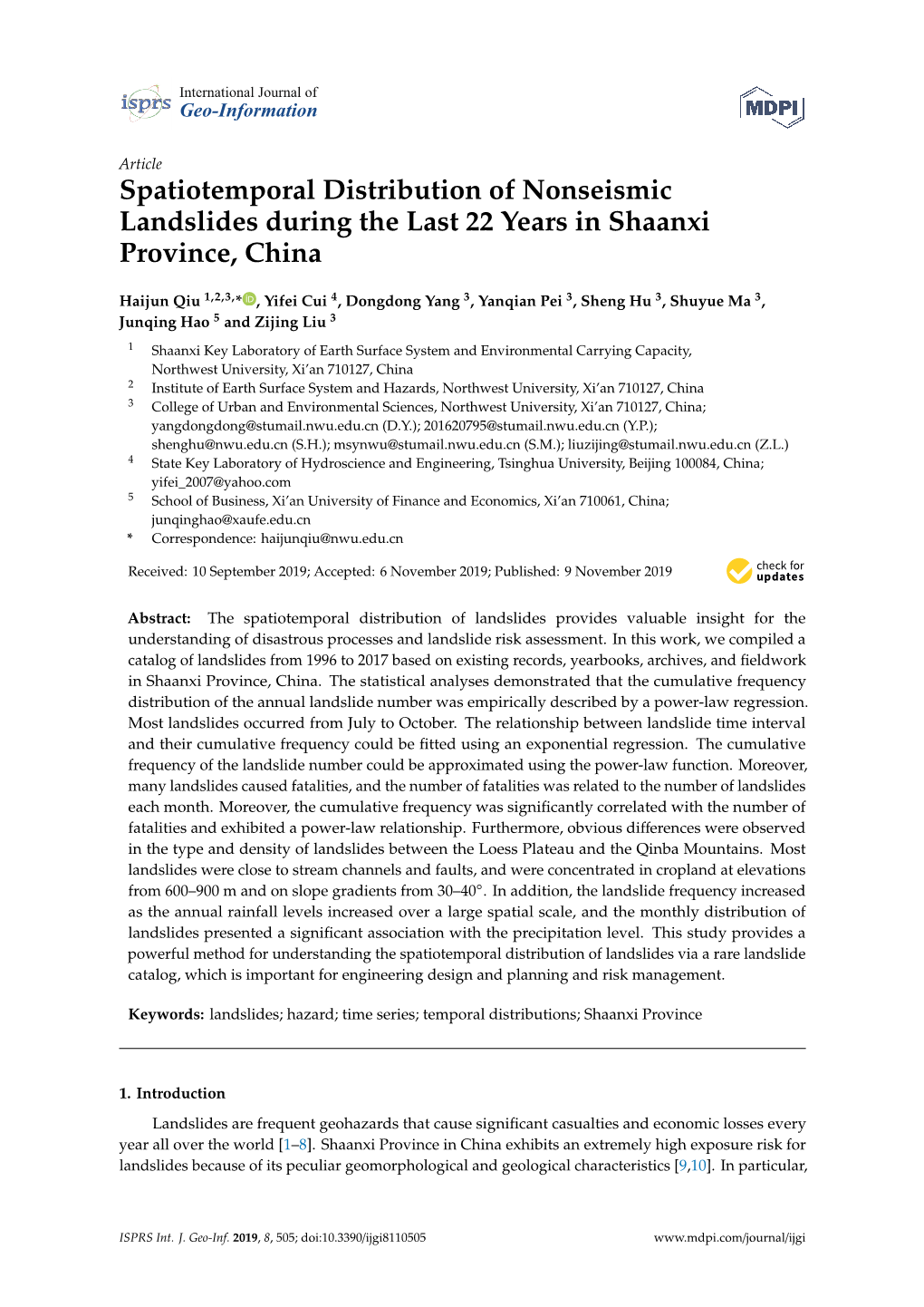 Spatiotemporal Distribution of Nonseismic Landslides During the Last 22 Years in Shaanxi Province, China