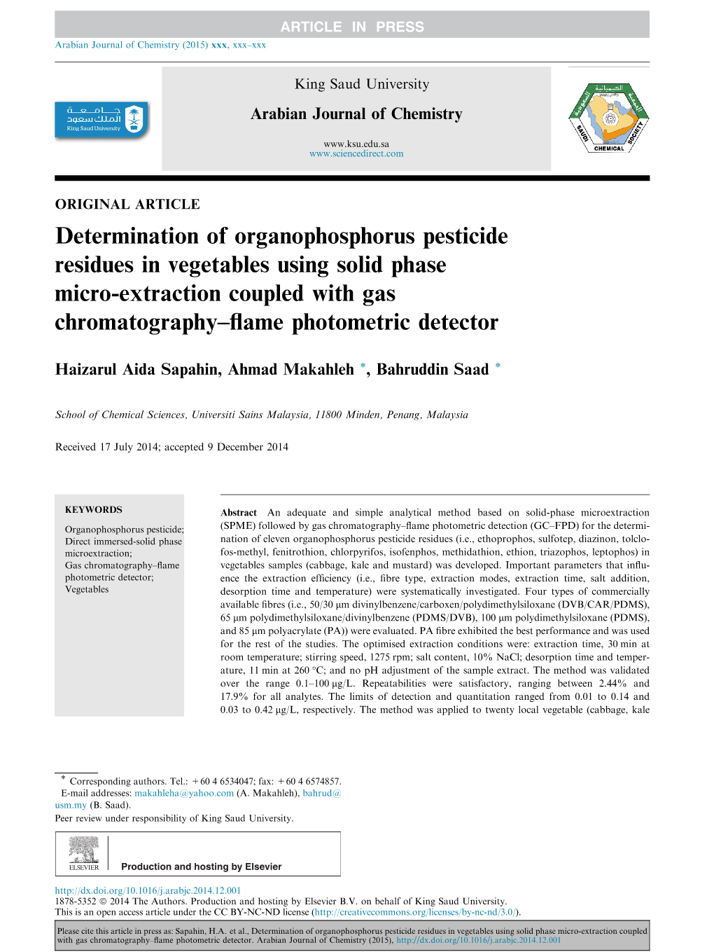 Determination of Organophosphorus Pesticide Residues in Vegetables Using Solid Phase Micro-Extraction Coupled with Gas Chromatography–ﬂame Photometric Detector