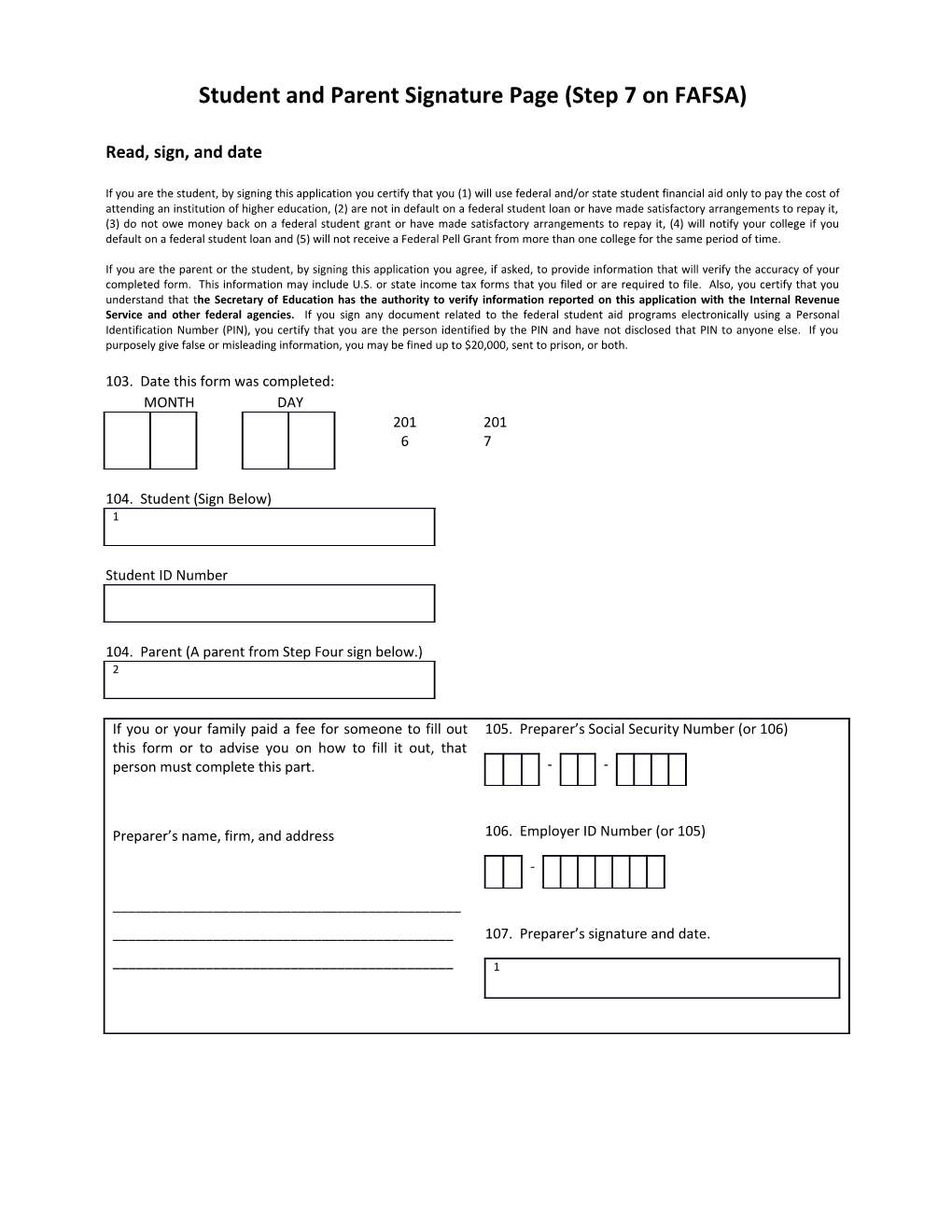 Student and Parent Signature Page (Step 7 on FAFSA)