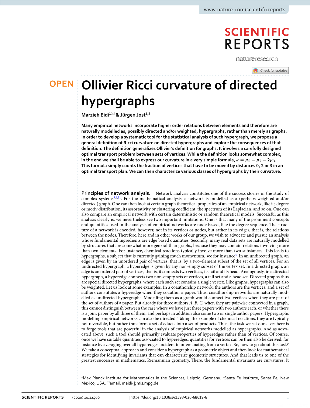 Ollivier Ricci Curvature of Directed Hypergraphs Marzieh Eidi1* & Jürgen Jost1,2