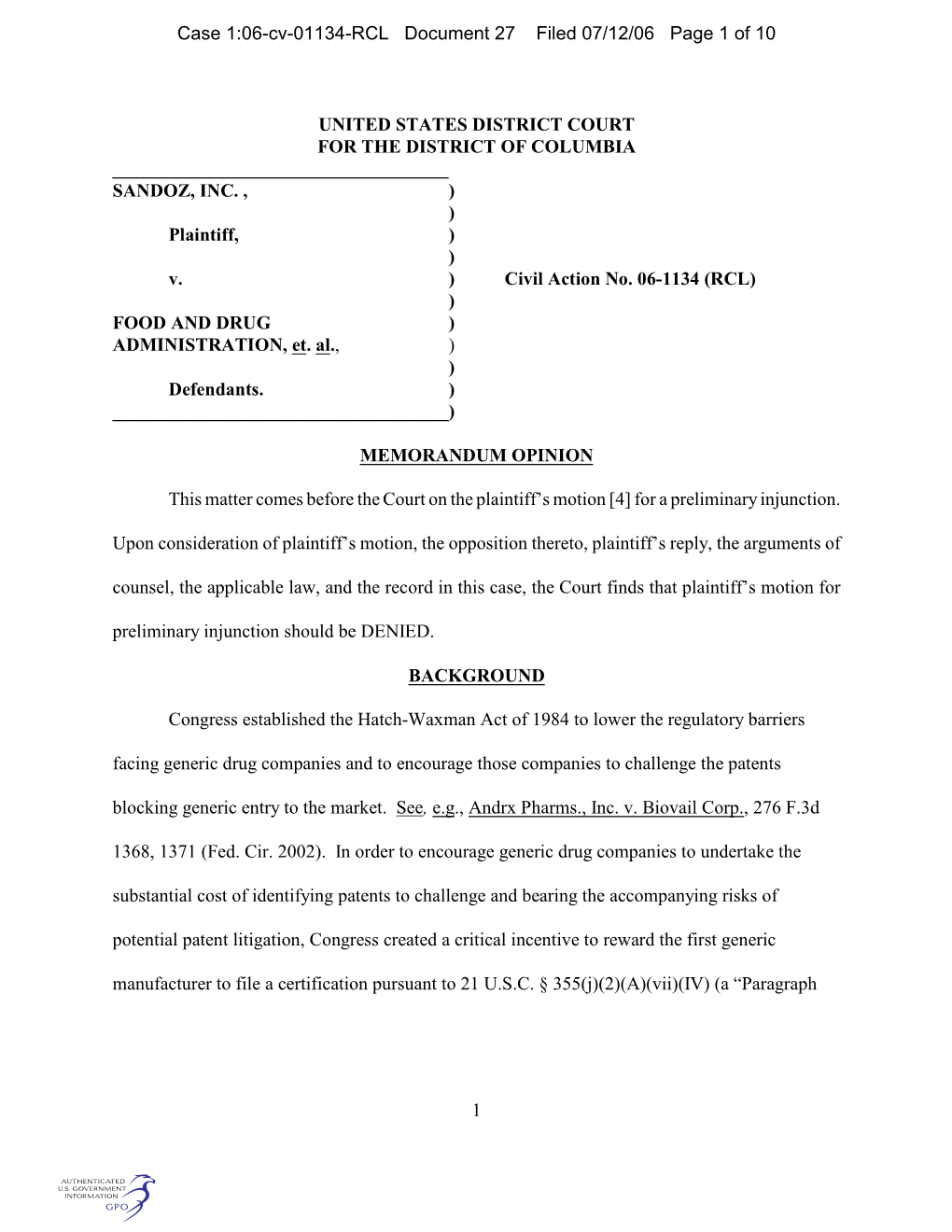 Case 1:06-Cv-01134-RCL Document 27 Filed 07/12/06 Page 1 of 10