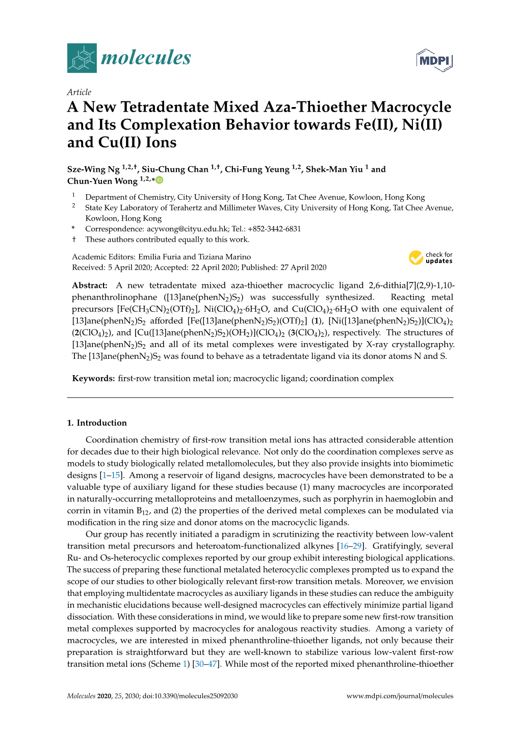 A New Tetradentate Mixed Aza-Thioether Macrocycle and Its Complexation Behavior Towards Fe(II), Ni(II) and Cu(II) Ions