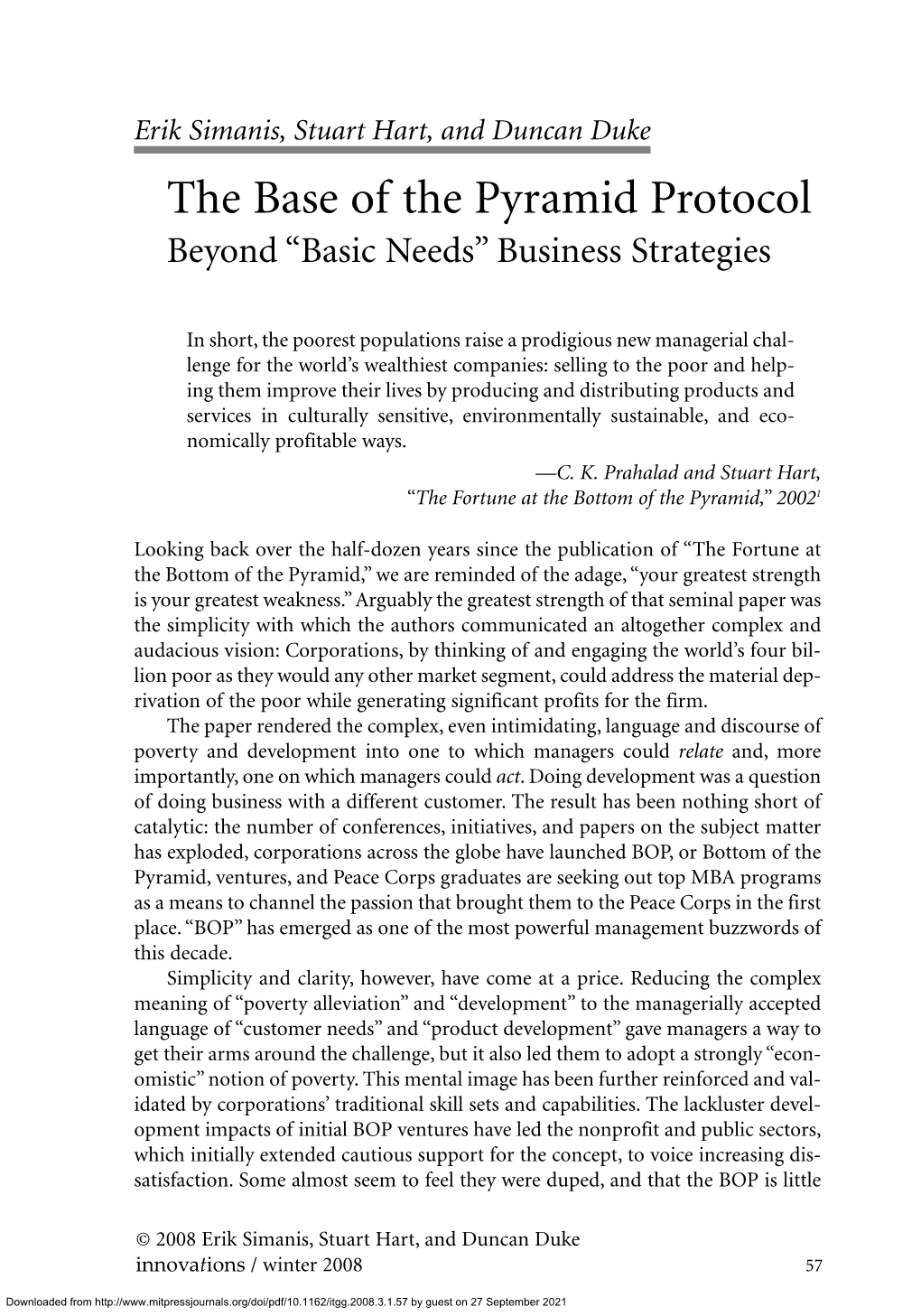 The Base of the Pyramid Protocol Beyond “Basic Needs” Business Strategies