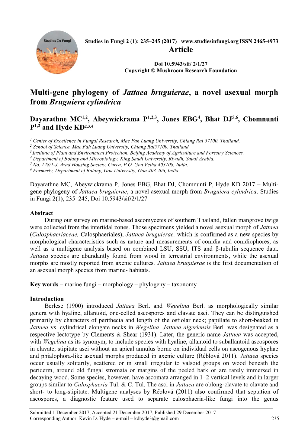 Multi-Gene Phylogeny of Jattaea Bruguierae, a Novel Asexual Morph from Bruguiera Cylindrica