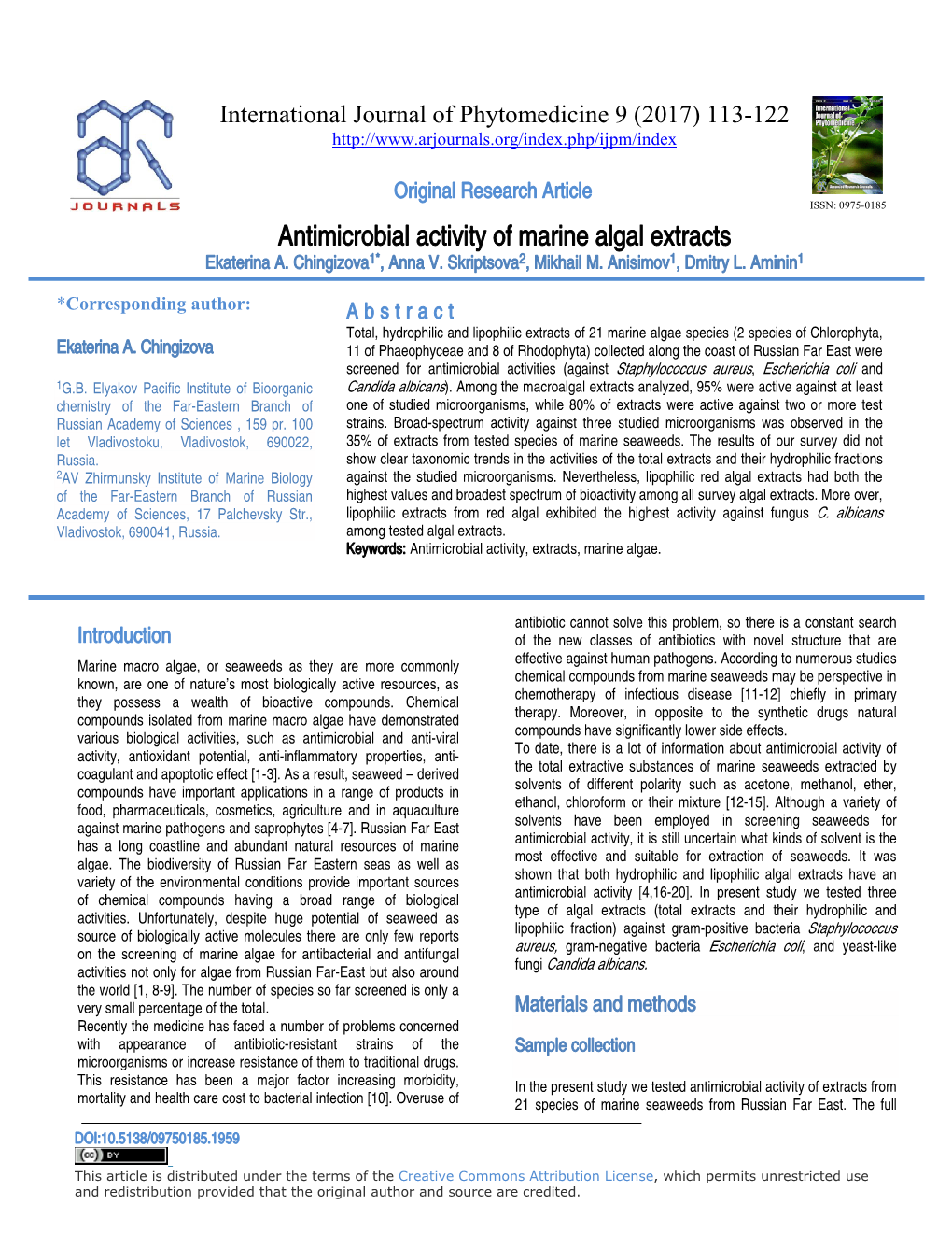 Antimicrobial Activity O Antimicrobial Activity of Marine Algal Extracts E