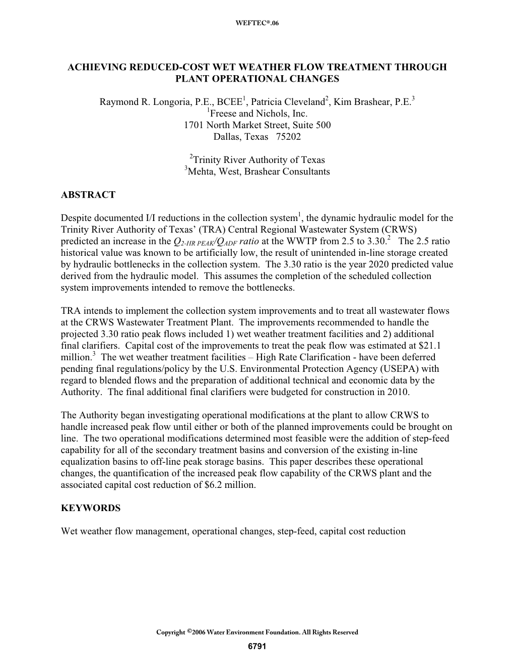 Achieving Reduced-Cost Wet Weather Flow Treatment Through Plant Operational Changes