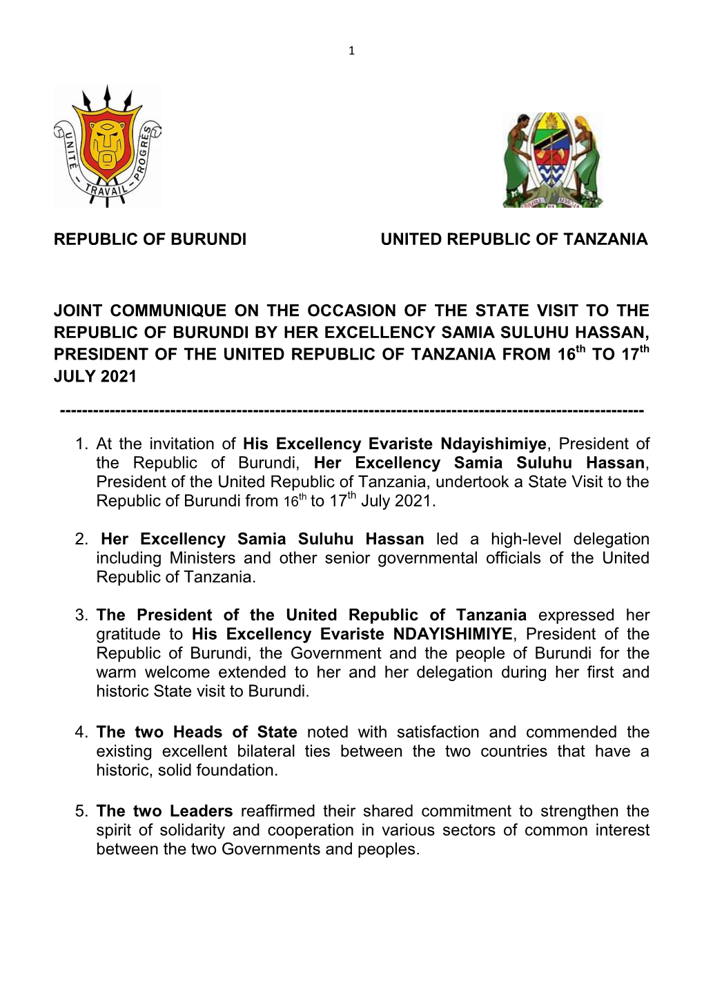 Republic of Burundi United Republic of Tanzania Joint