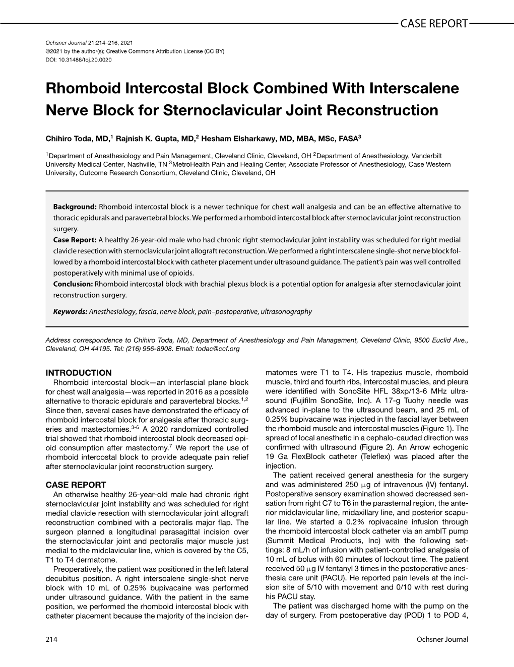 Rhomboid Intercostal Block Combined with Interscalene Nerve Block for Sternoclavicular Joint Reconstruction