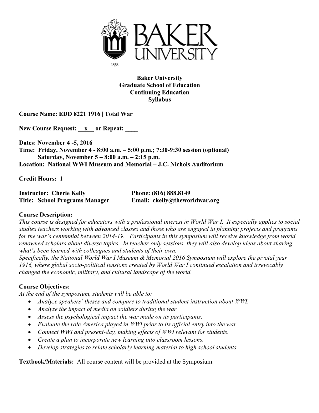 Baker University Graduate School of Education Continuing Education Syllabus