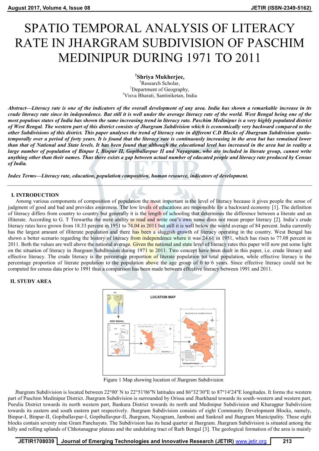 Spatio Temporal Analysis of Literacy Rate in Jhargram Subdivision of Paschim Medinipur During 1971 to 2011