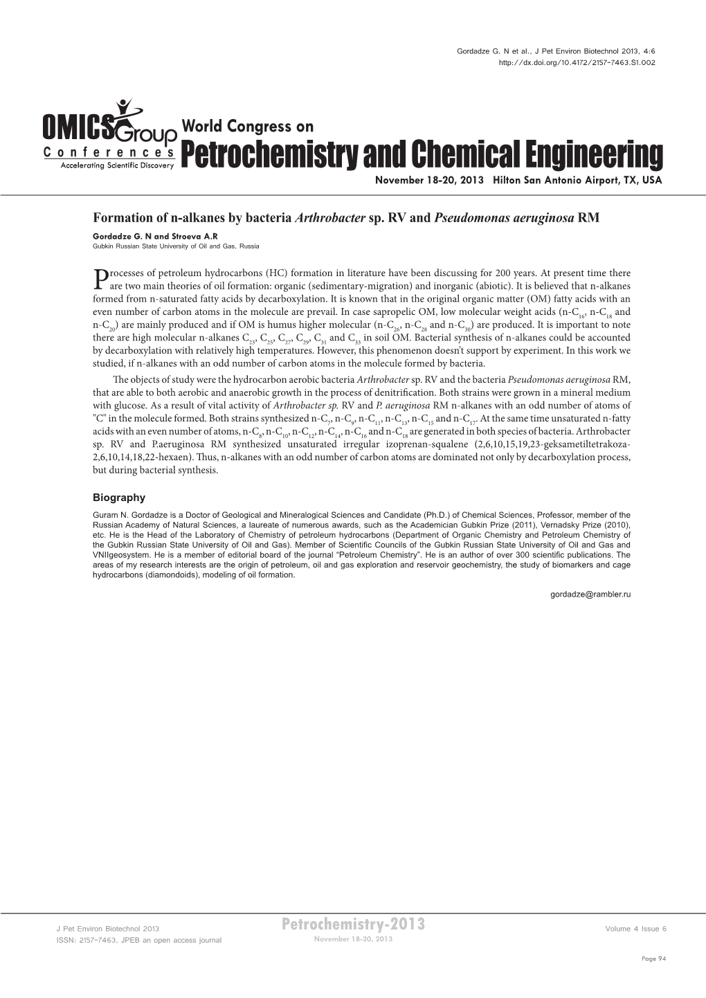 Petrochemistry and Chemical Engineering November 18-20, 2013 Hilton San Antonio Airport, TX, USA