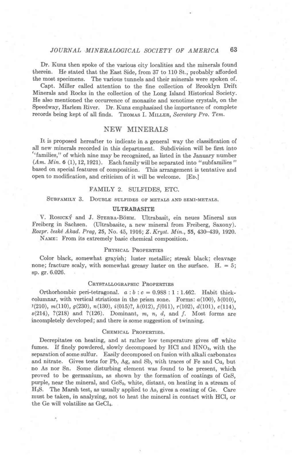 NEW MINERALS It Is Proposed Hereafter to Indicate In.A General Way the Classification of All New Minerals Recoided in This Department