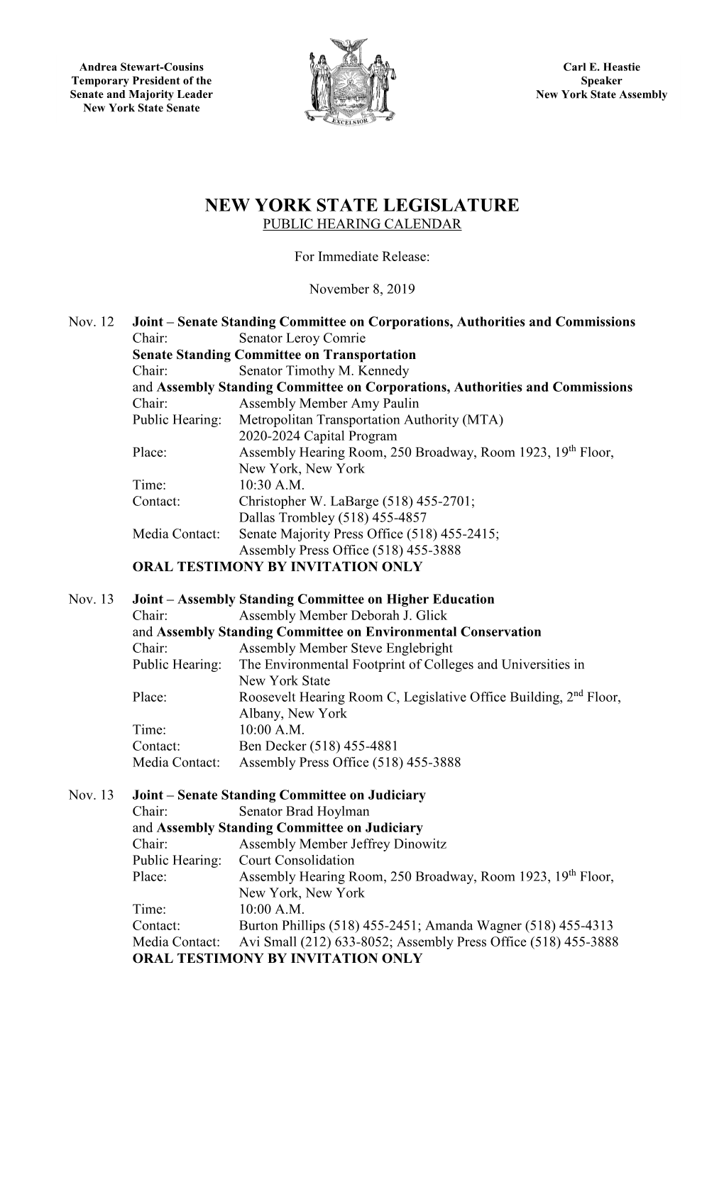 New York State Legislature Public Hearing Calendar