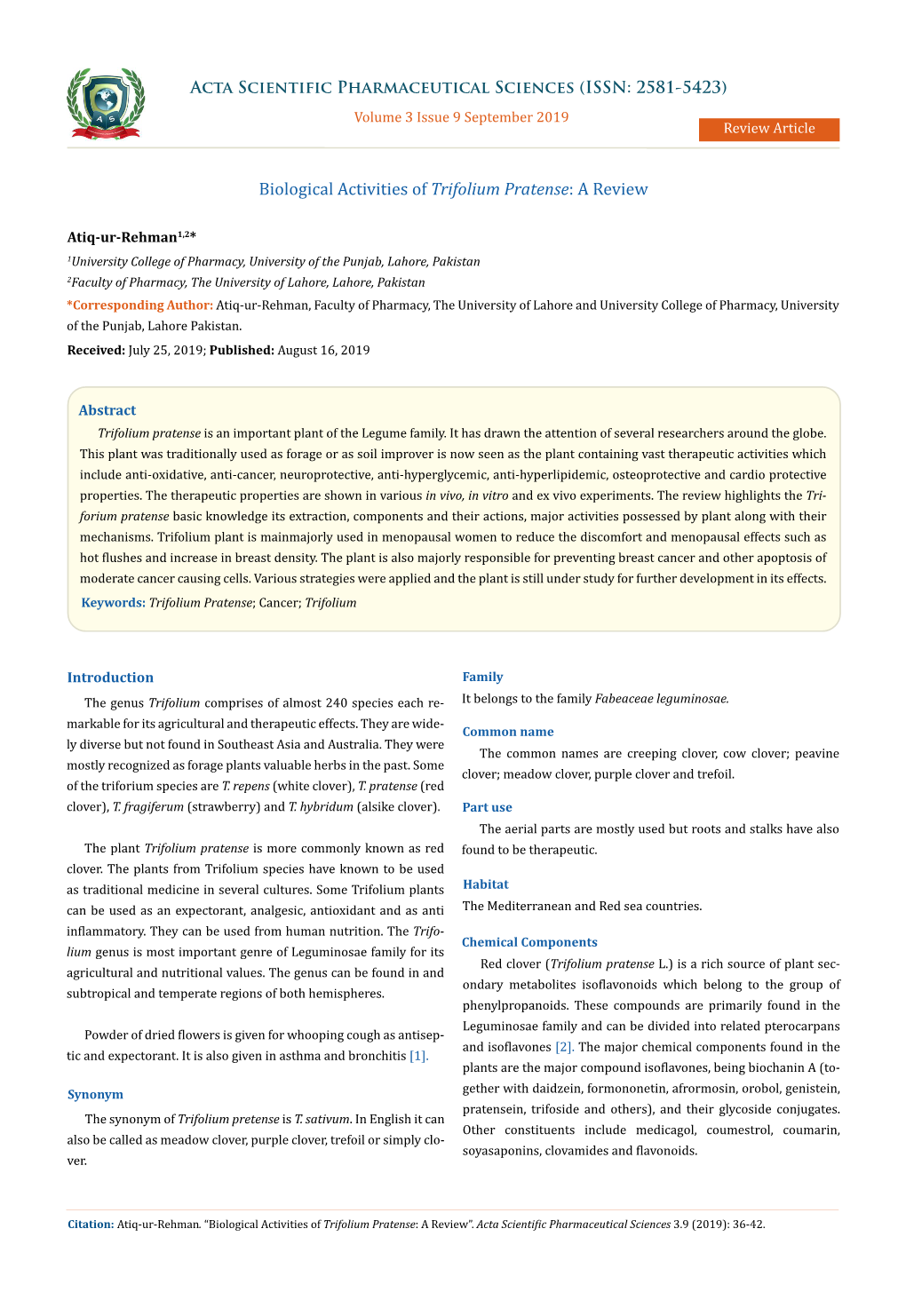 Biological Activities of Trifolium Pratense: a Review