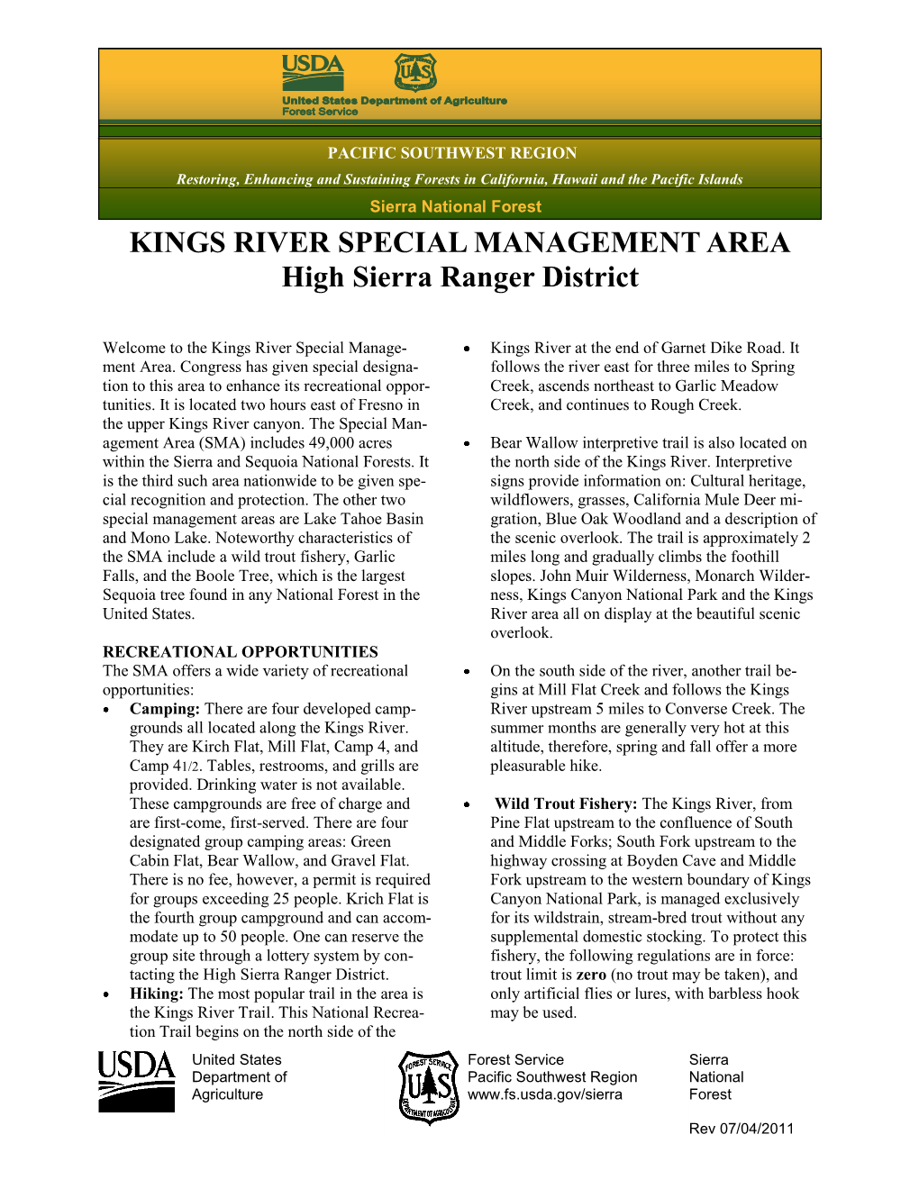 KINGS RIVER SPECIAL MANAGEMENT AREA High Sierra Ranger District