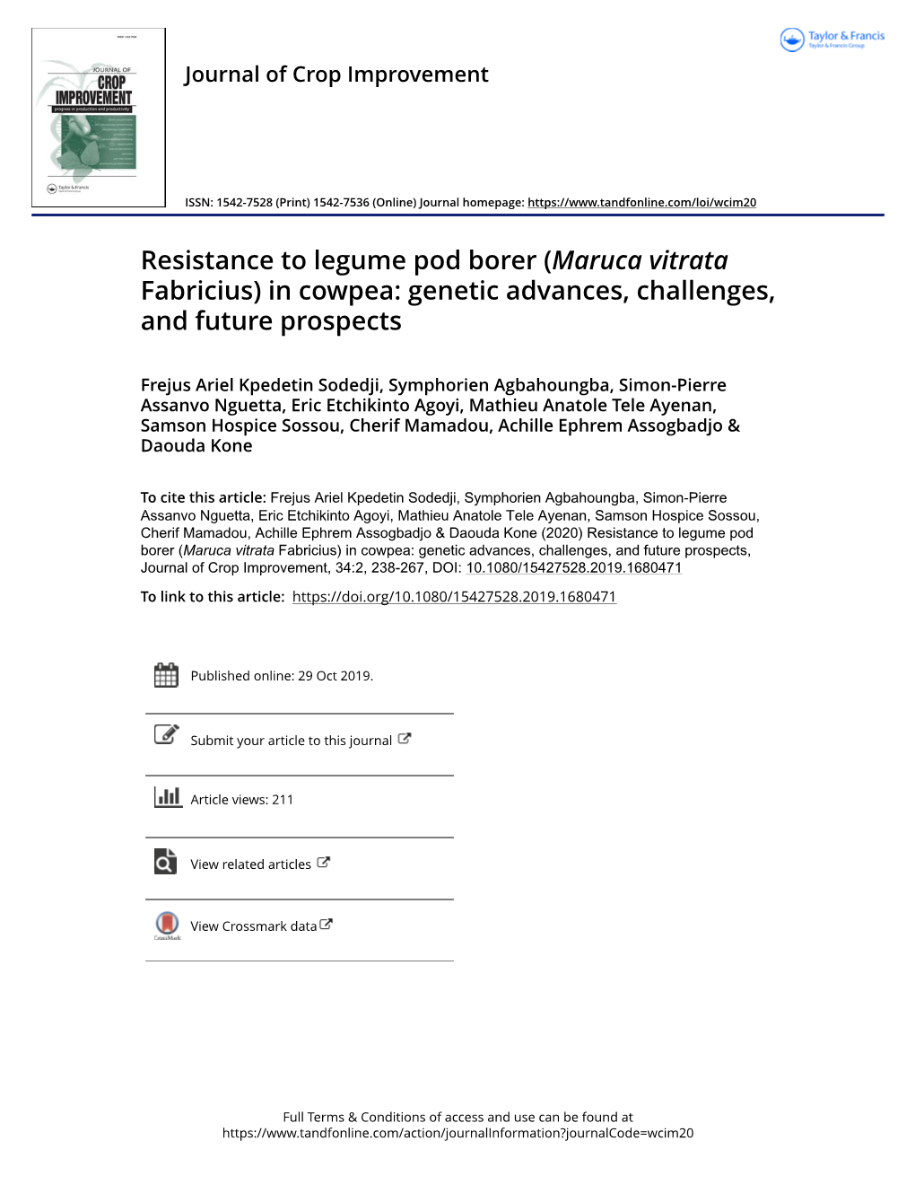 Resistance to Legume Pod Borer (Maruca Vitrata Fabricius) in Cowpea: Genetic Advances, Challenges, and Future Prospects