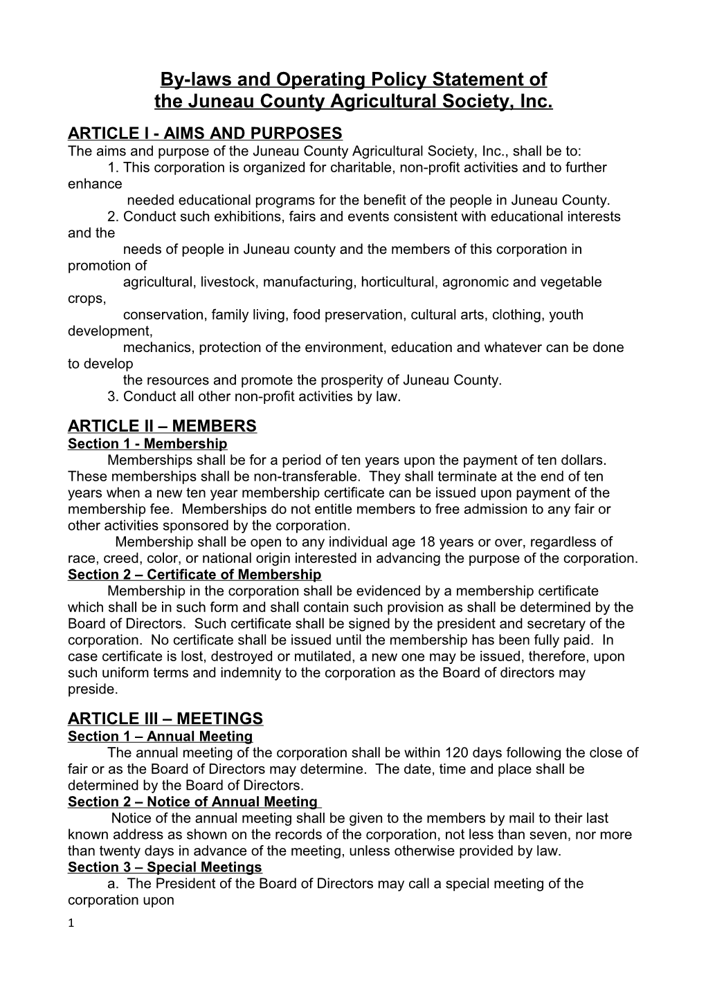 By-Laws and Operating Policy Statement of the Juneau County Agricultural Society, Inc