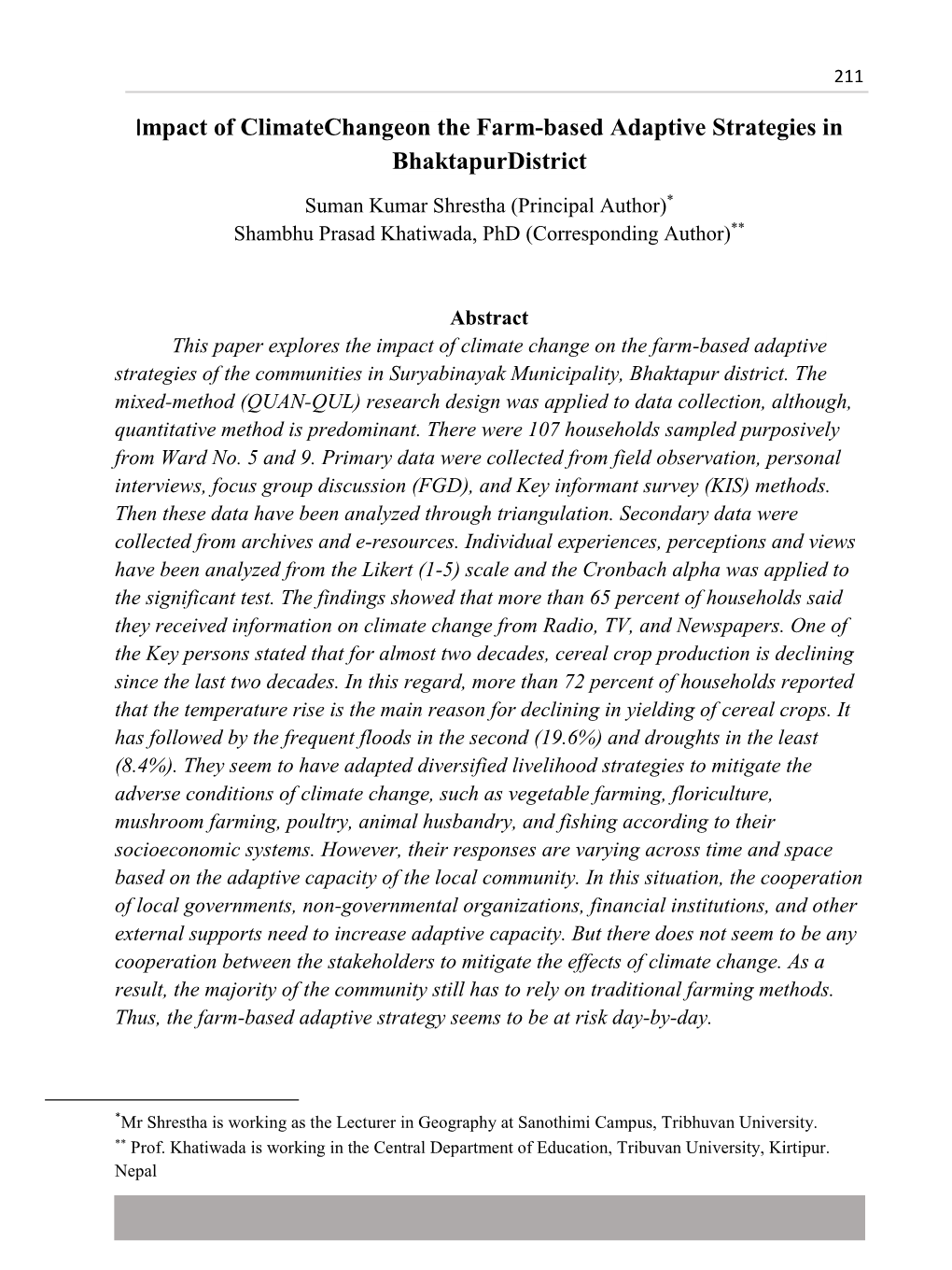 Impact of Climatechangeon the Farm-Based Adaptive Strategies in Bhaktapurdistrict