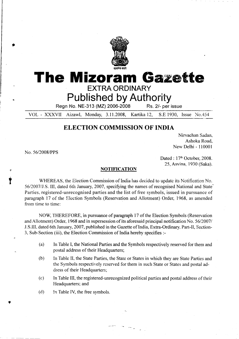 The Mizoram Gazette EXTRA ORDINARY Published by Authority