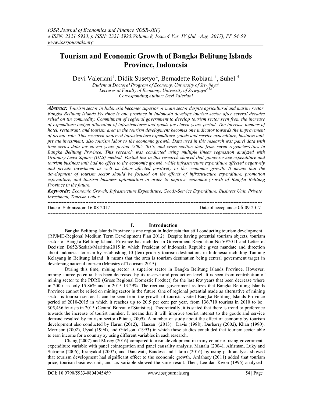 Tourism and Economic Growth of Bangka Belitung Islands Province, Indonesia