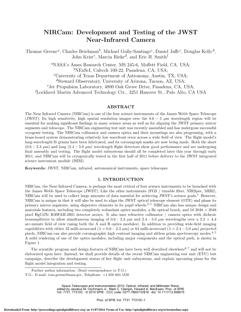 Nircam: Development and Testing of the JWST Near-Infrared Camera