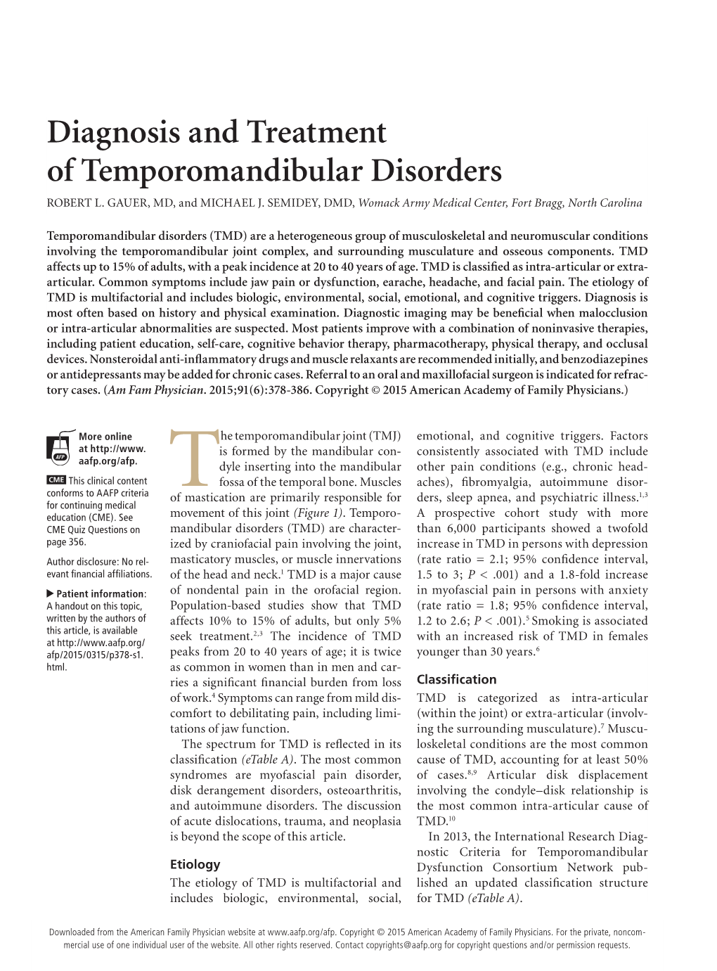 Diagnosis and Treatment of Temporomandibular Disorders ROBERT L