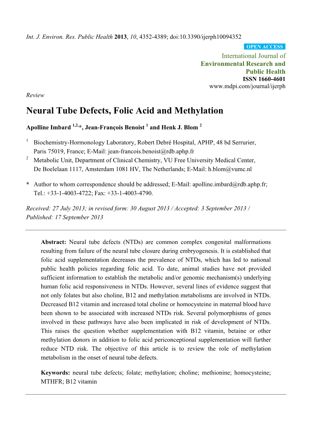 Neural Tube Defects, Folic Acid and Methylation