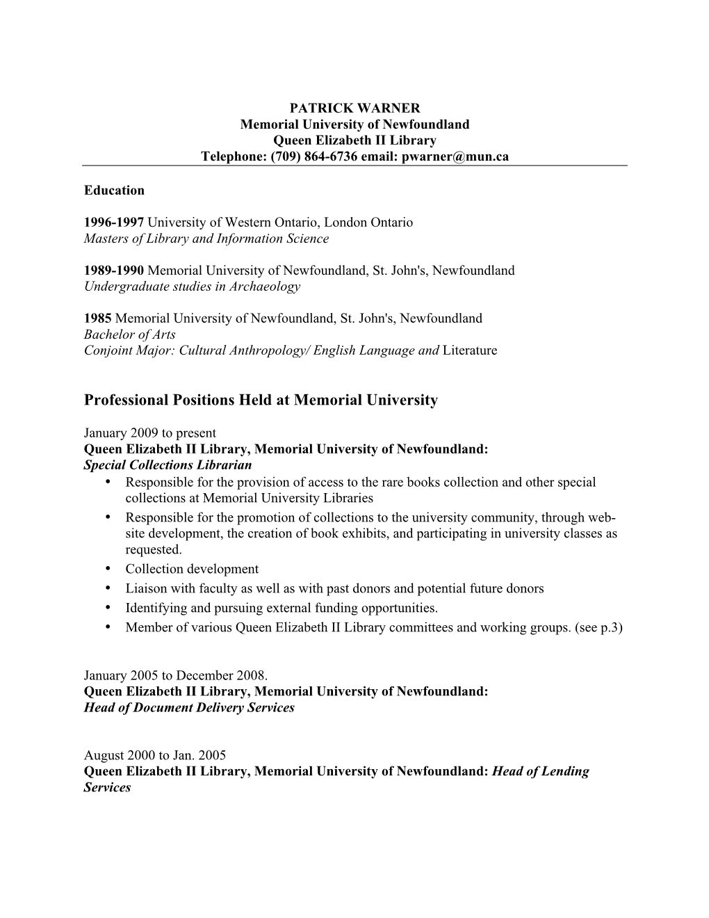 Patrick Warner Curriculum Vitae