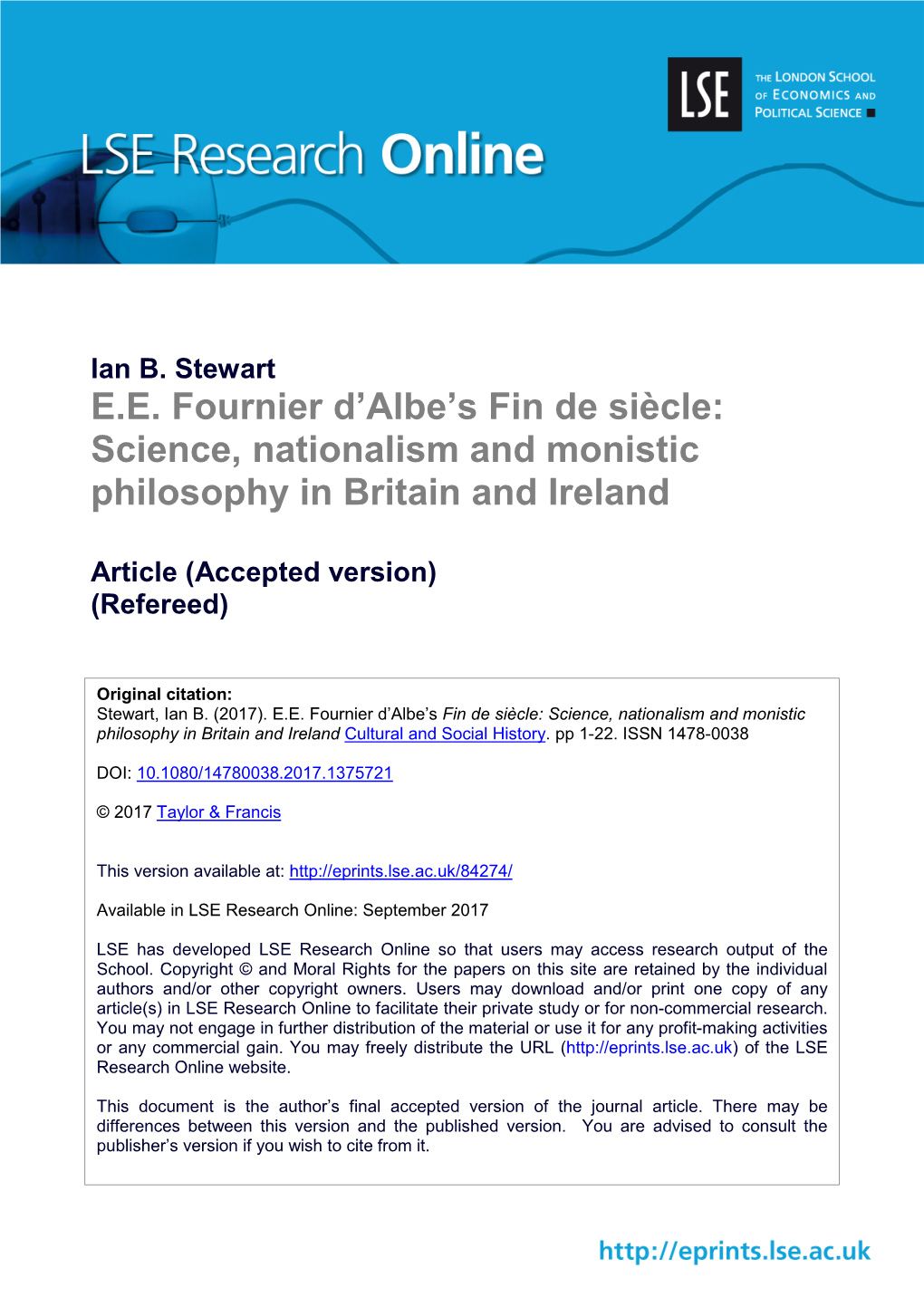 E.E. Fournier D'albe's Fin De Siècle: Science, Nationalism and Monistic