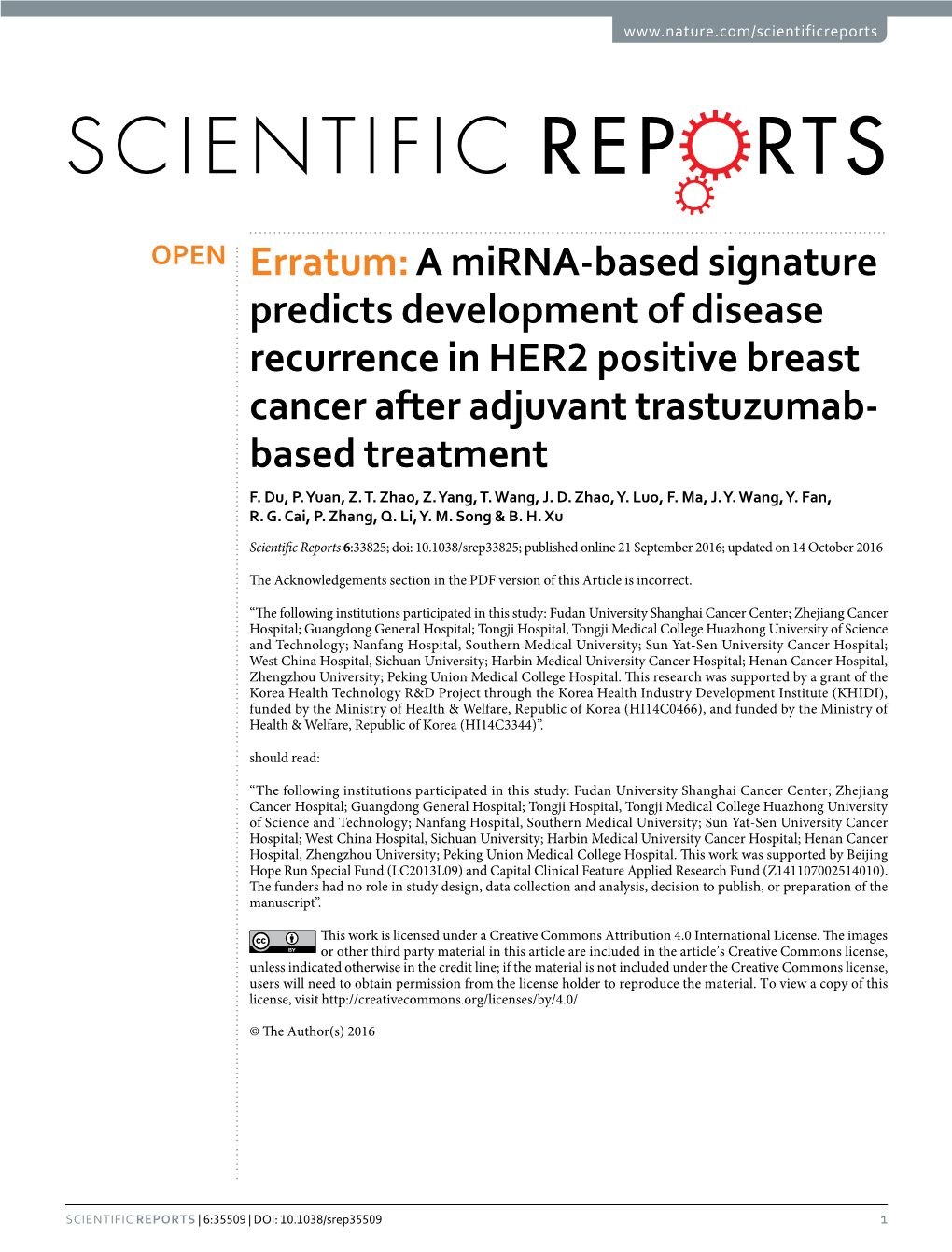 A Mirna-Based Signature Predicts Development of Disease Recurrence in HER2 Positive Breast Cancer After Adjuvant Trastuzumab- Based Treatment F