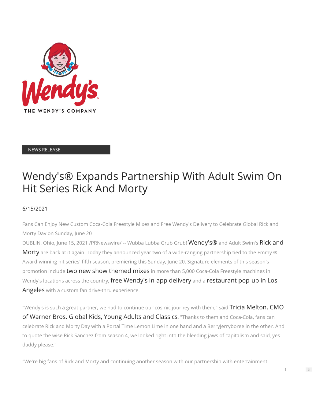 Wendy's® Expands Partnership with Adult Swim on Hit Series Rick and Morty