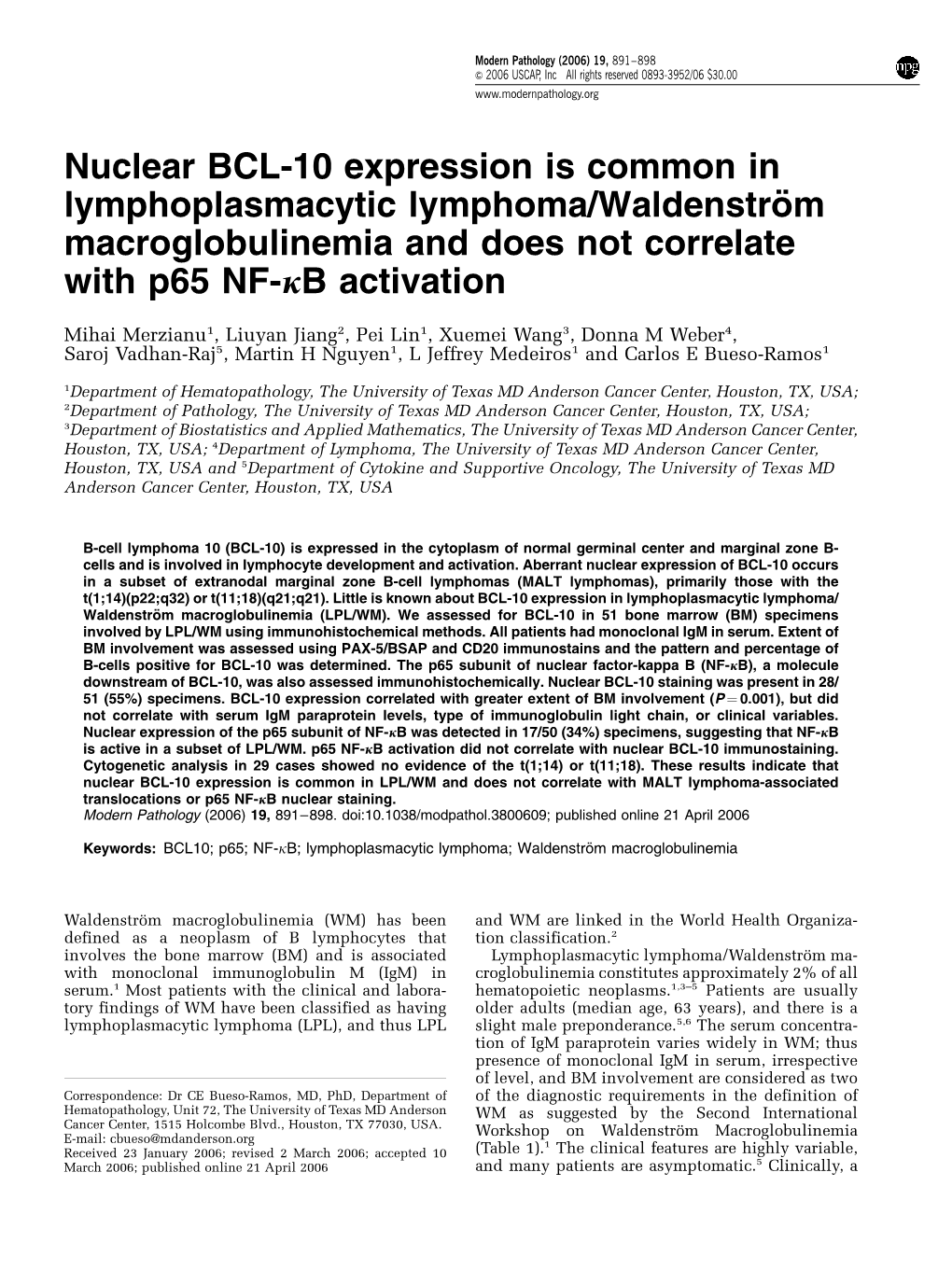 Nuclear BCL-10 Expression Is Common in Lymphoplasmacytic Lymphoma/Waldenstro¨ M Macroglobulinemia and Does Not Correlate with P65 NF-Jb Activation