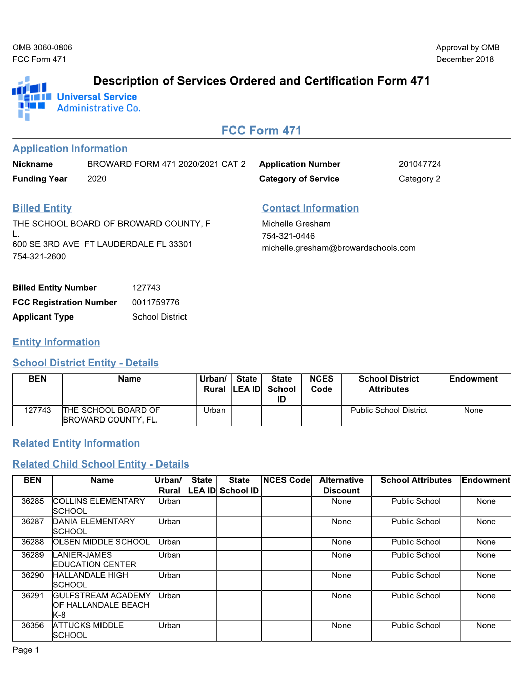 Description of Services Ordered and Certification Form 471 FCC