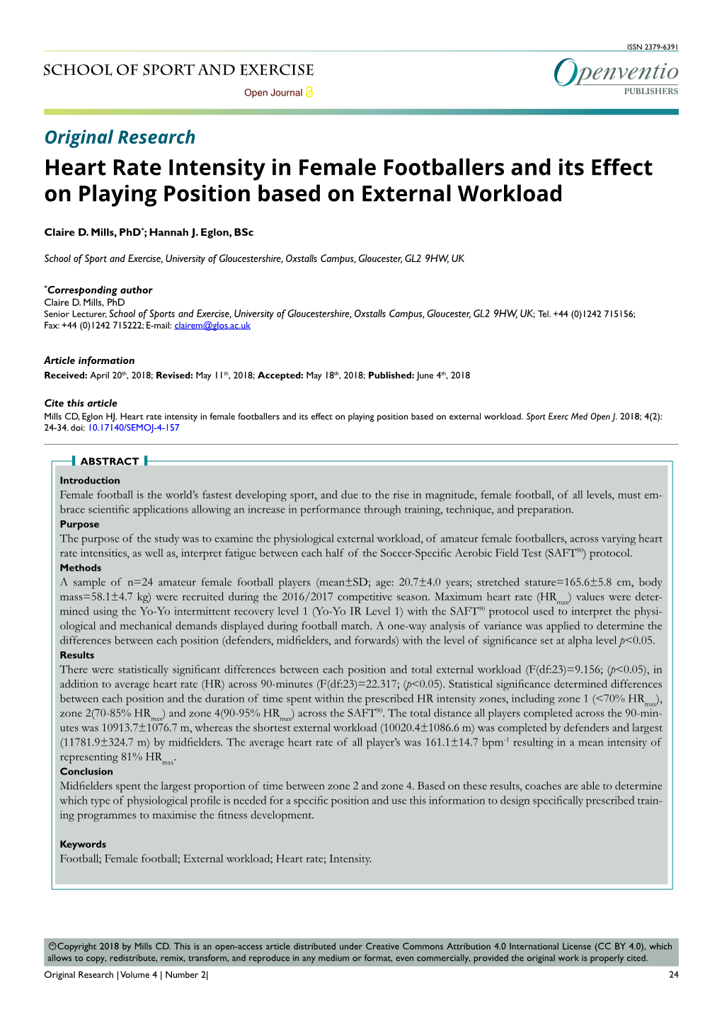 Heart Rate Intensity in Female Footballers and Its Effect on Playing Position Based on External Workload