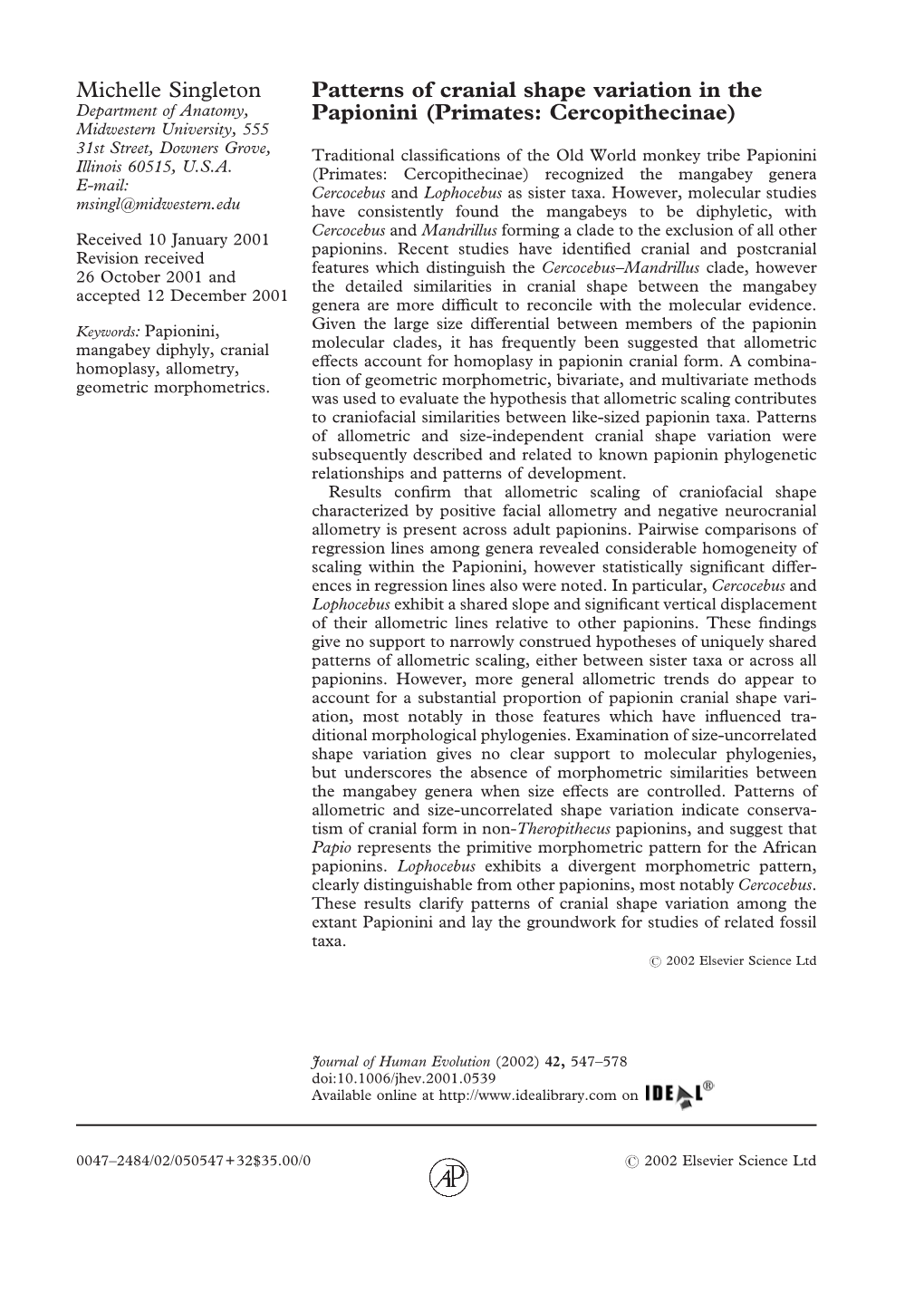 Patterns of Cranial Shape Variation in the Papionini (Primates