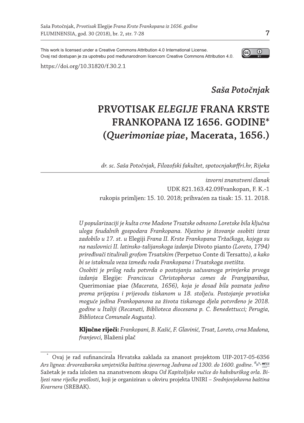 Prvotisak Elegije Frana Krste Frankopana Iz 1656. Godine FLUMINENSIA, God