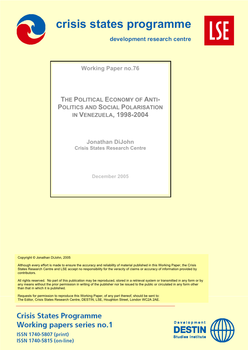 Anti-Politics and Social Polarisation in Venezuela 1998-2004