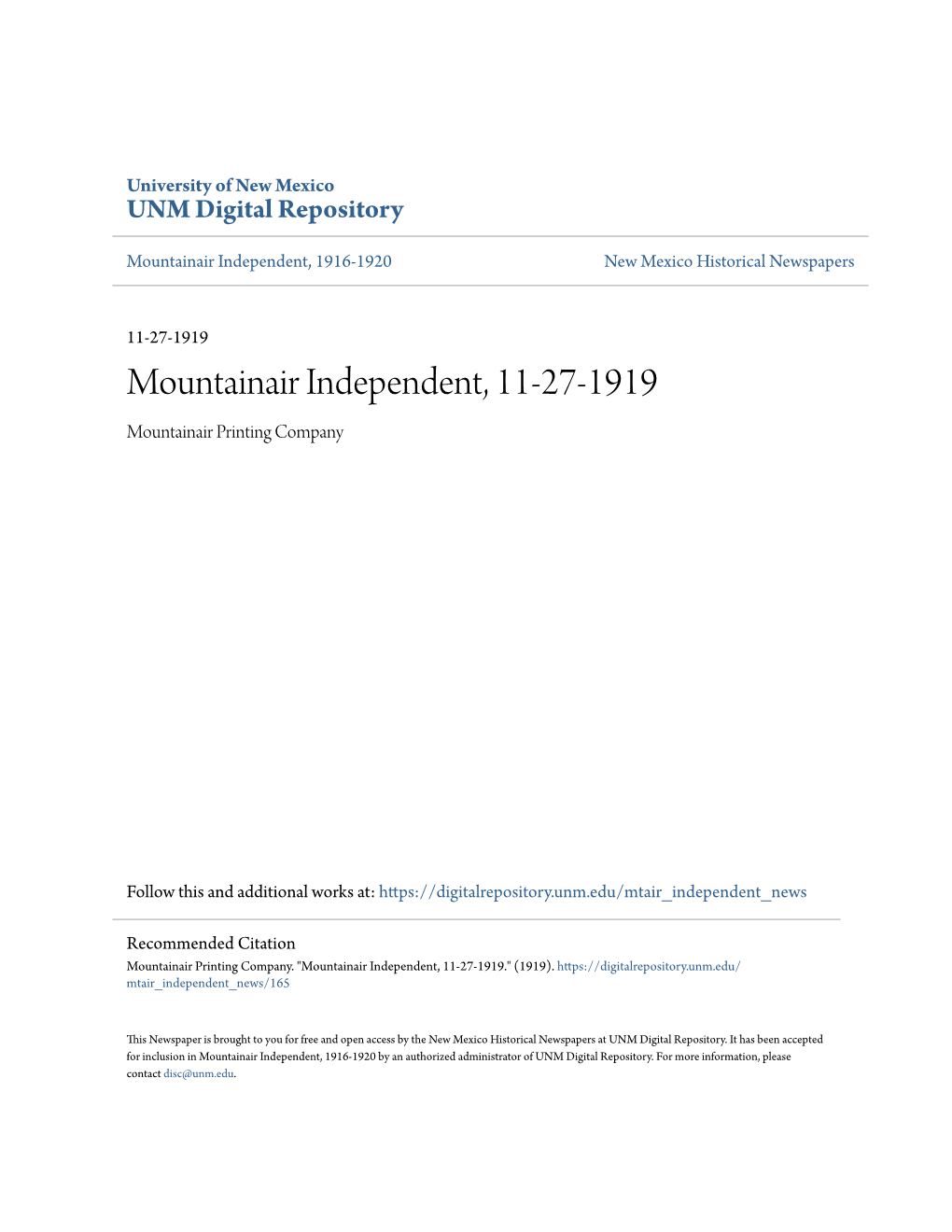 Mountainair Independent, 11-27-1919 Mountainair Printing Company