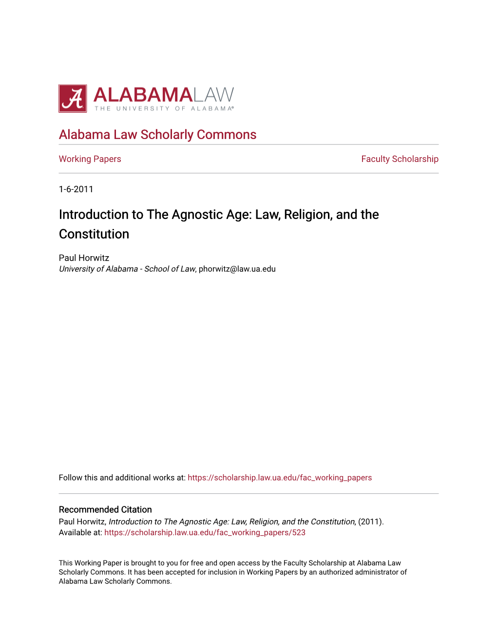 Introduction to the Agnostic Age: Law, Religion, and the Constitution