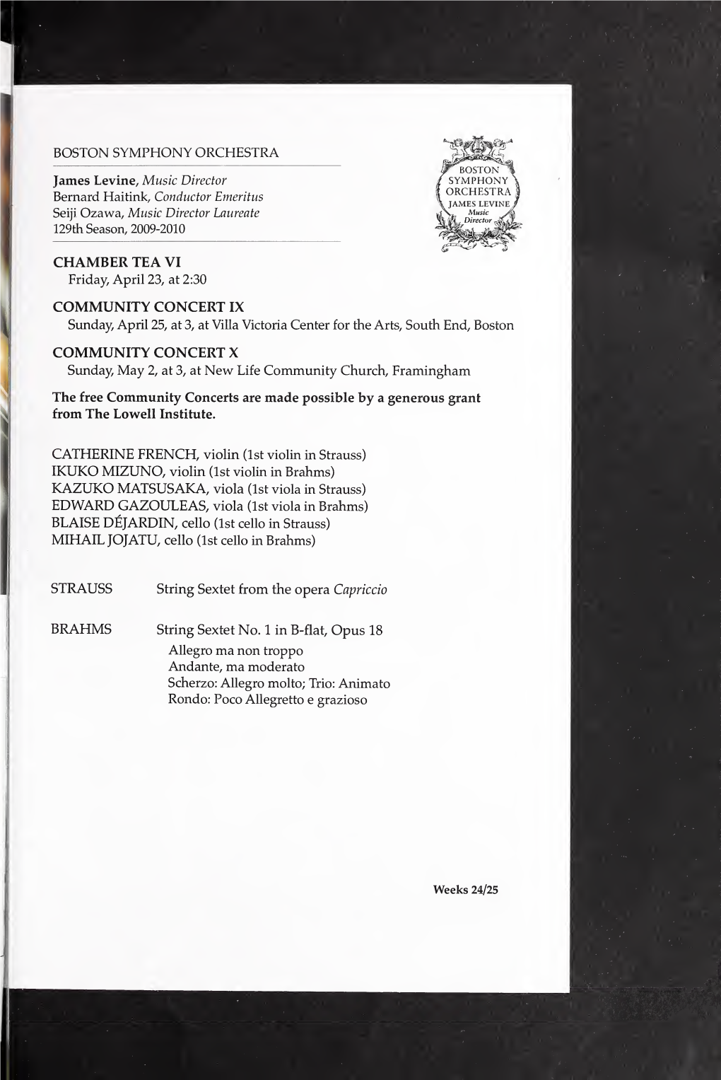 Boston Symphony Orchestra Concert Programs, Season 129, 2009