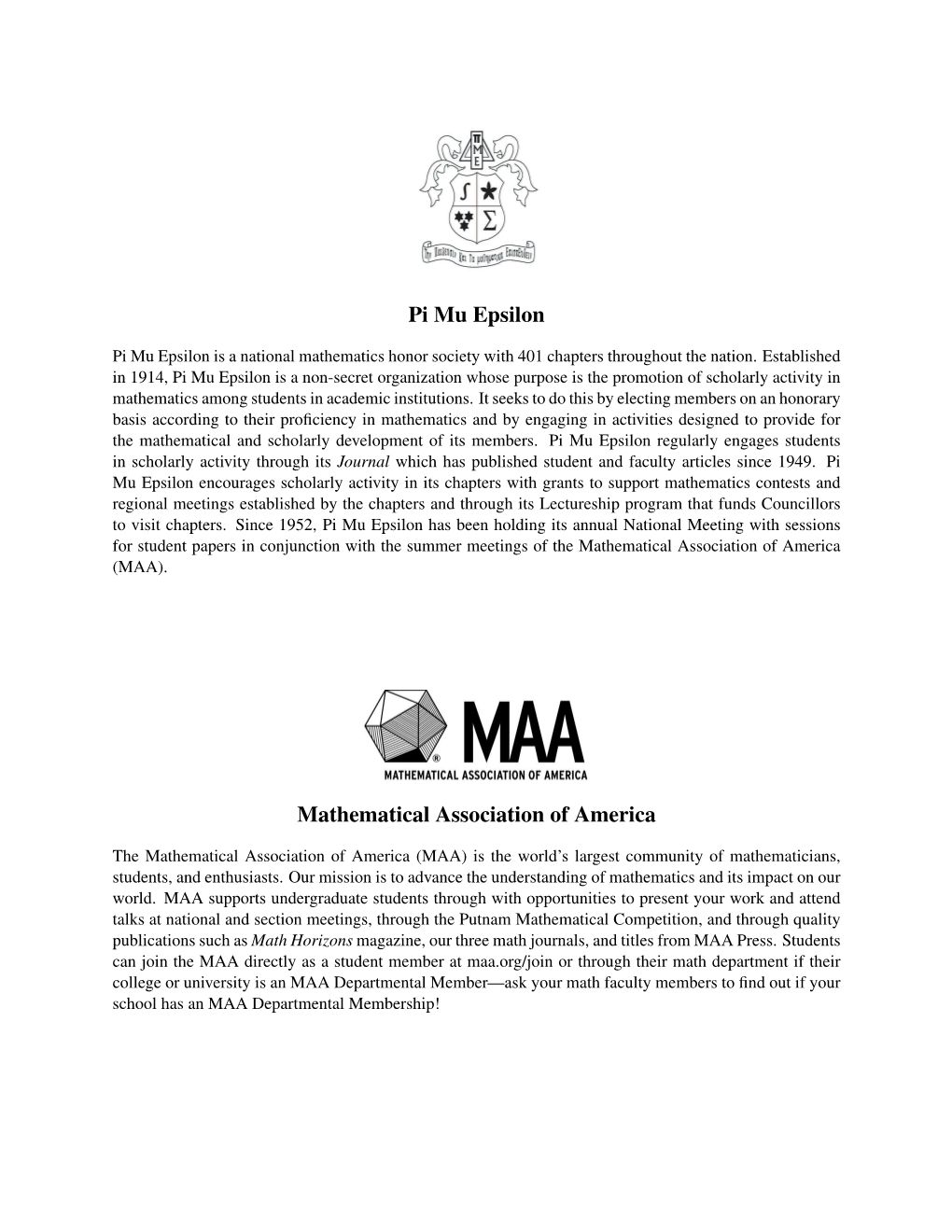 Pi Mu Epsilon Mathematical Association of America