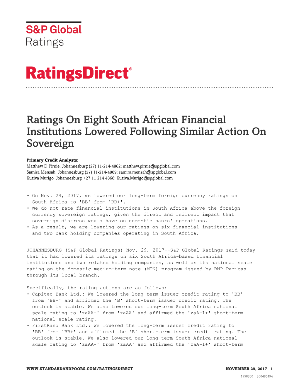 Ratings on Eight South African Financial Institutions Lowered Following Similar Action on Sovereign