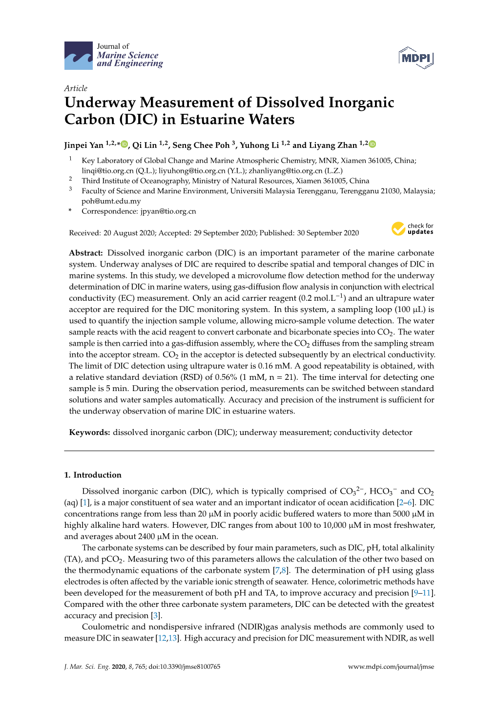 Underway Measurement of Dissolved Inorganic Carbon (DIC) in Estuarine Waters