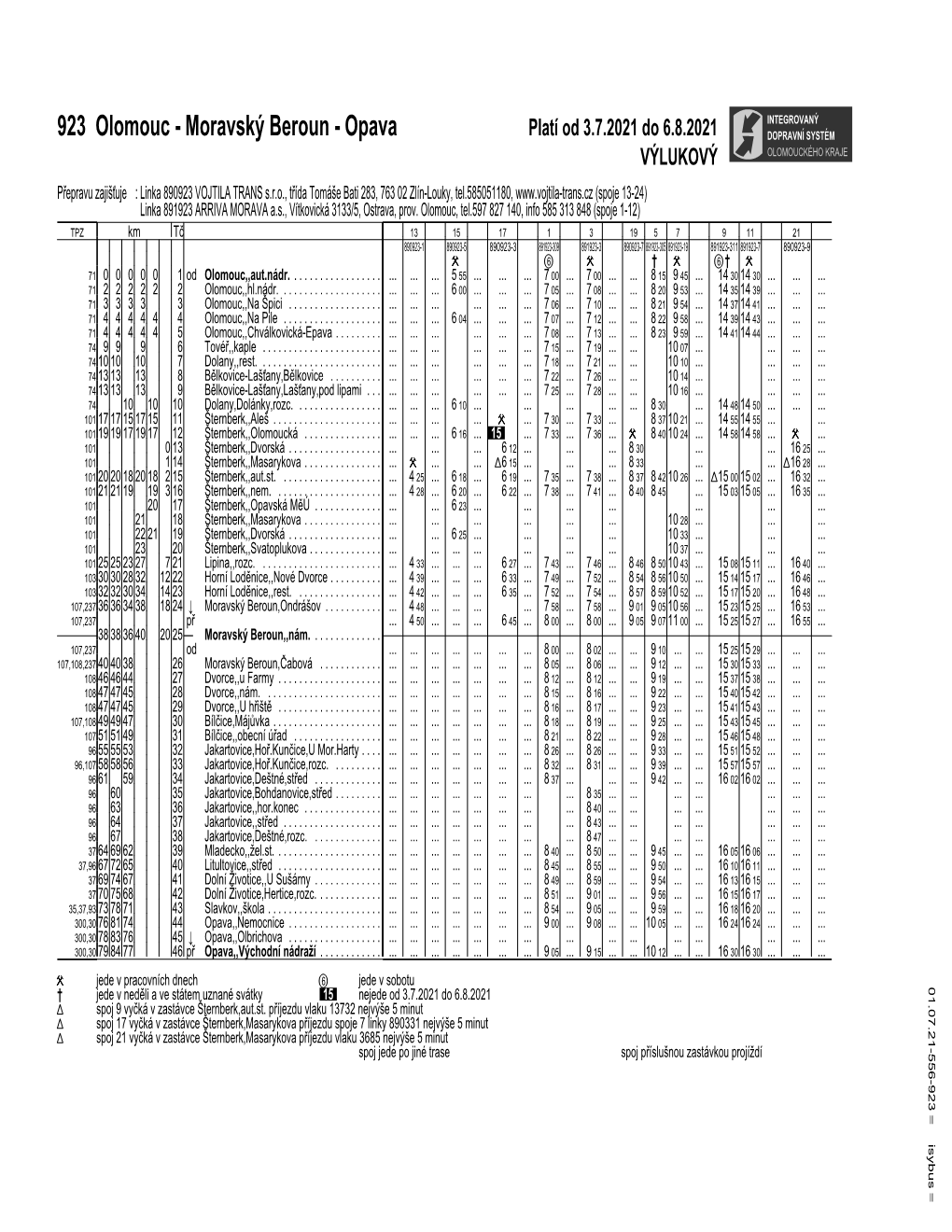 Moravský Beroun - Opava Platí Od 3.7.2021 Do 6.8.2021 DOPRAVNI´ SYSTEM ´ VÝLUKOVÝ OLOMOUCKEHO´ KRAJE