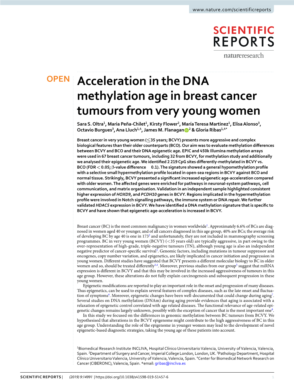 Acceleration in the DNA Methylation Age in Breast Cancer Tumours from Very Young Women Sara S