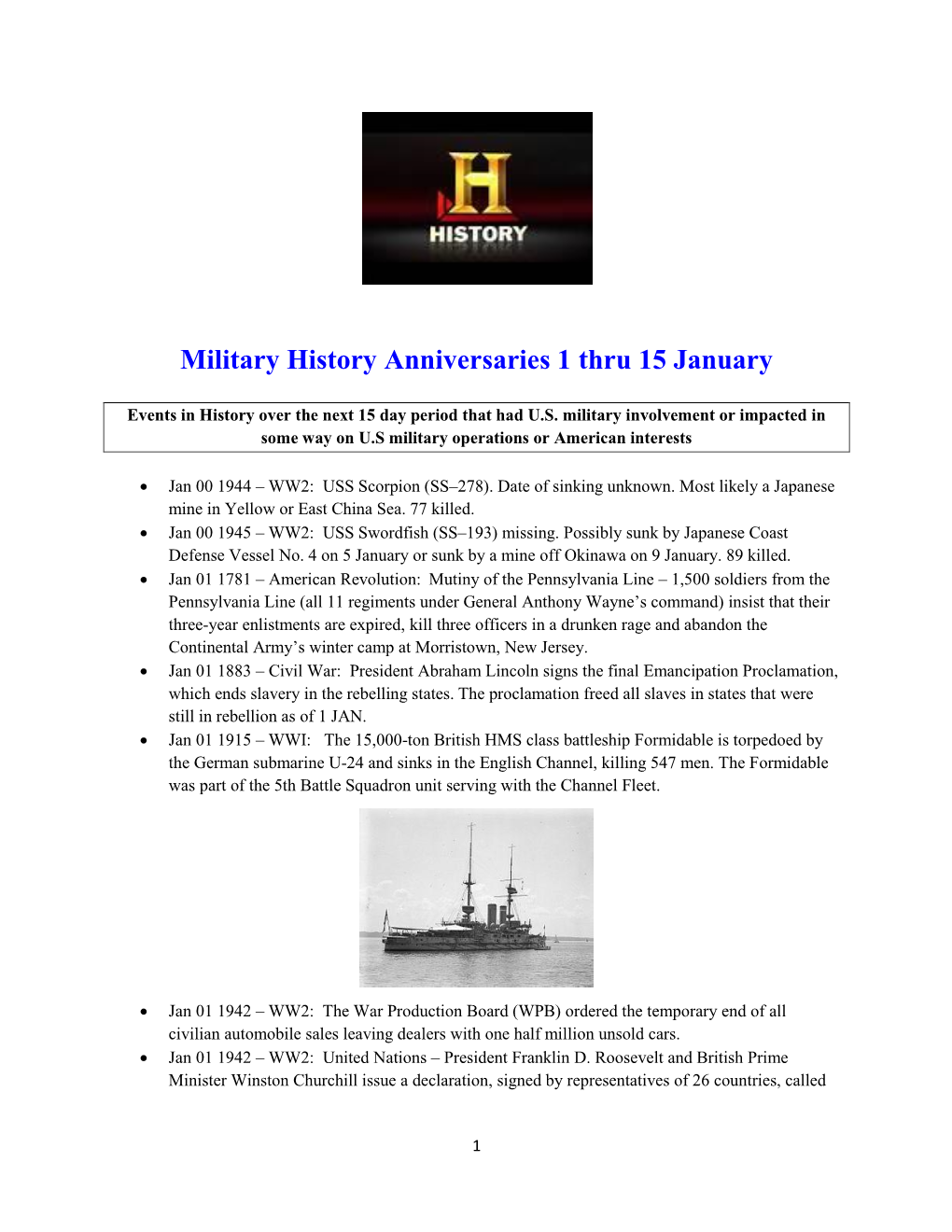 Military History Anniversaries 1 Thru 15 January