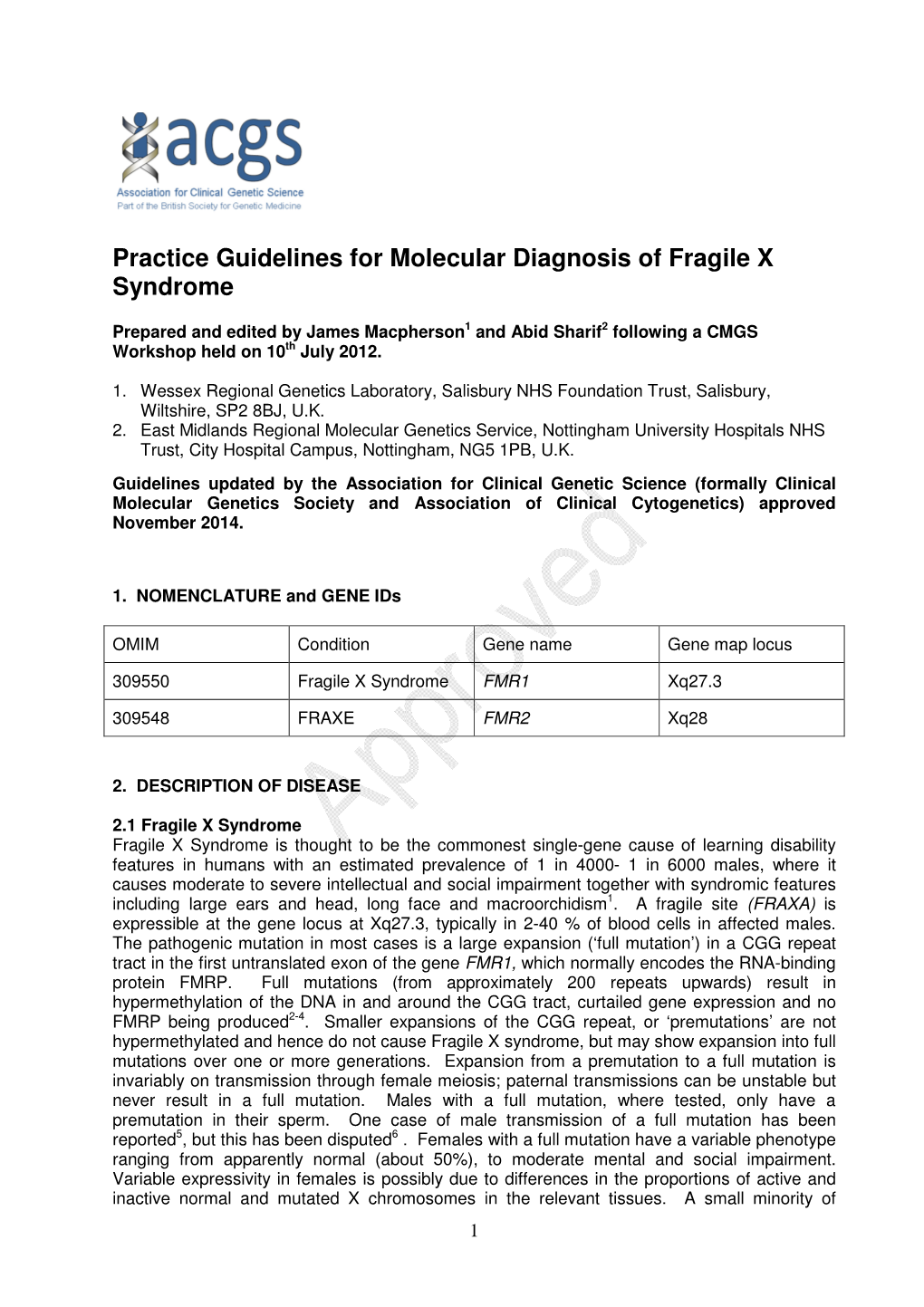 Practice Guidelines for Molecular Diagnosis of Fragile X Syndrome