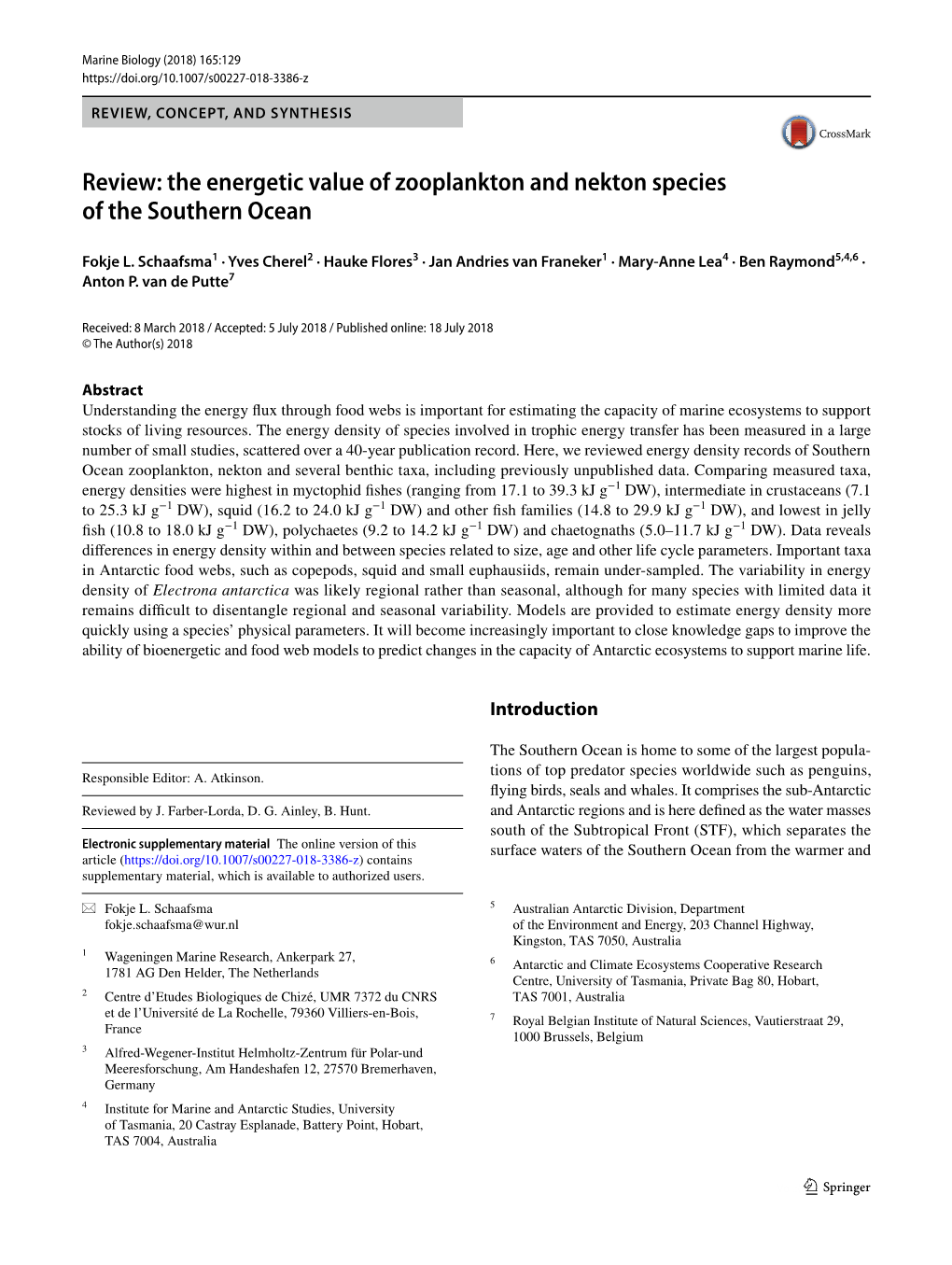 Review: the Energetic Value of Zooplankton and Nekton Species of the Southern Ocean