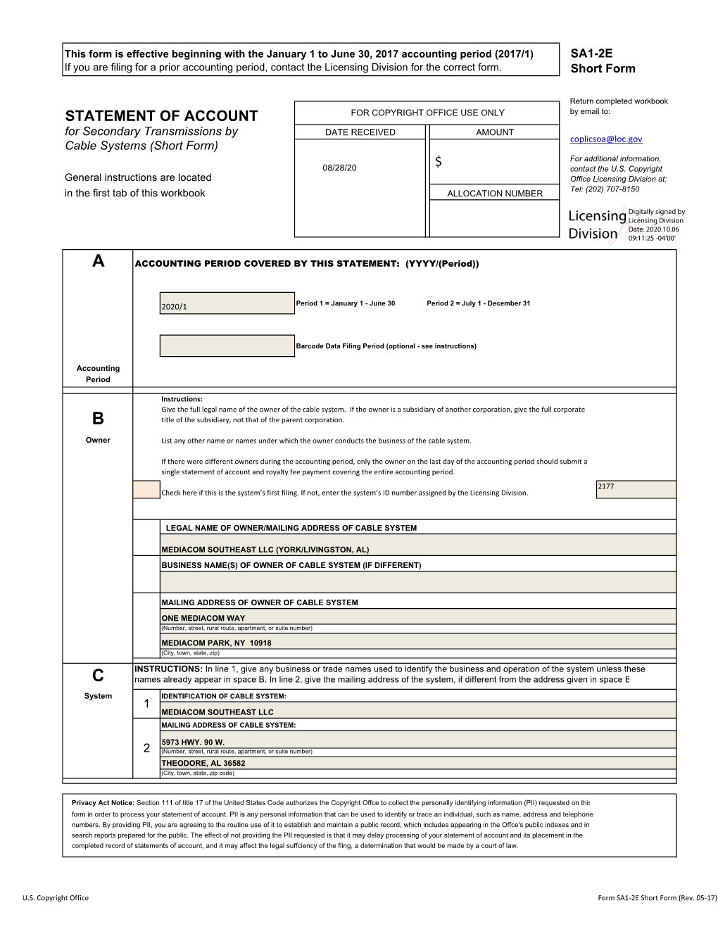 STATEMENT of ACCOUNT Licensing Division